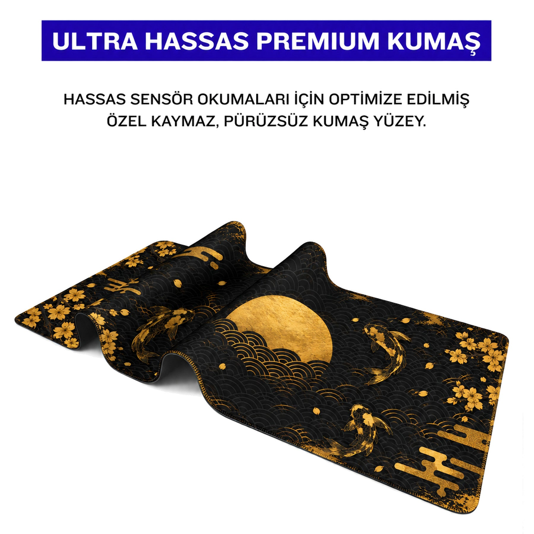 Altın rengi koi balığı ve dalga desenli siyah mousepad.