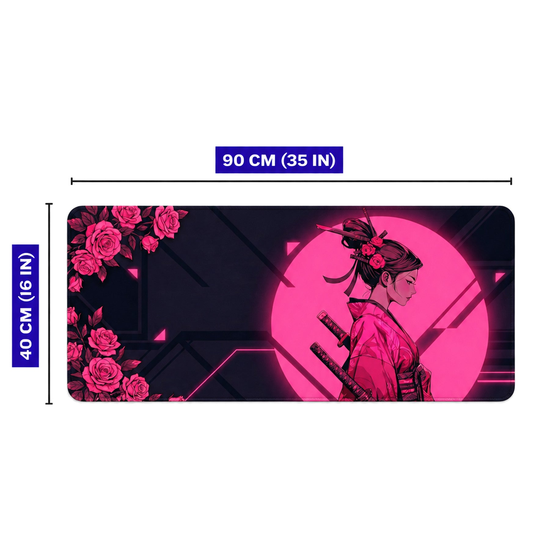 Kılıçlı pembe samuray kız, pembe dolunay önünde ve kırmızı gül detaylı. 90x40 cm.
