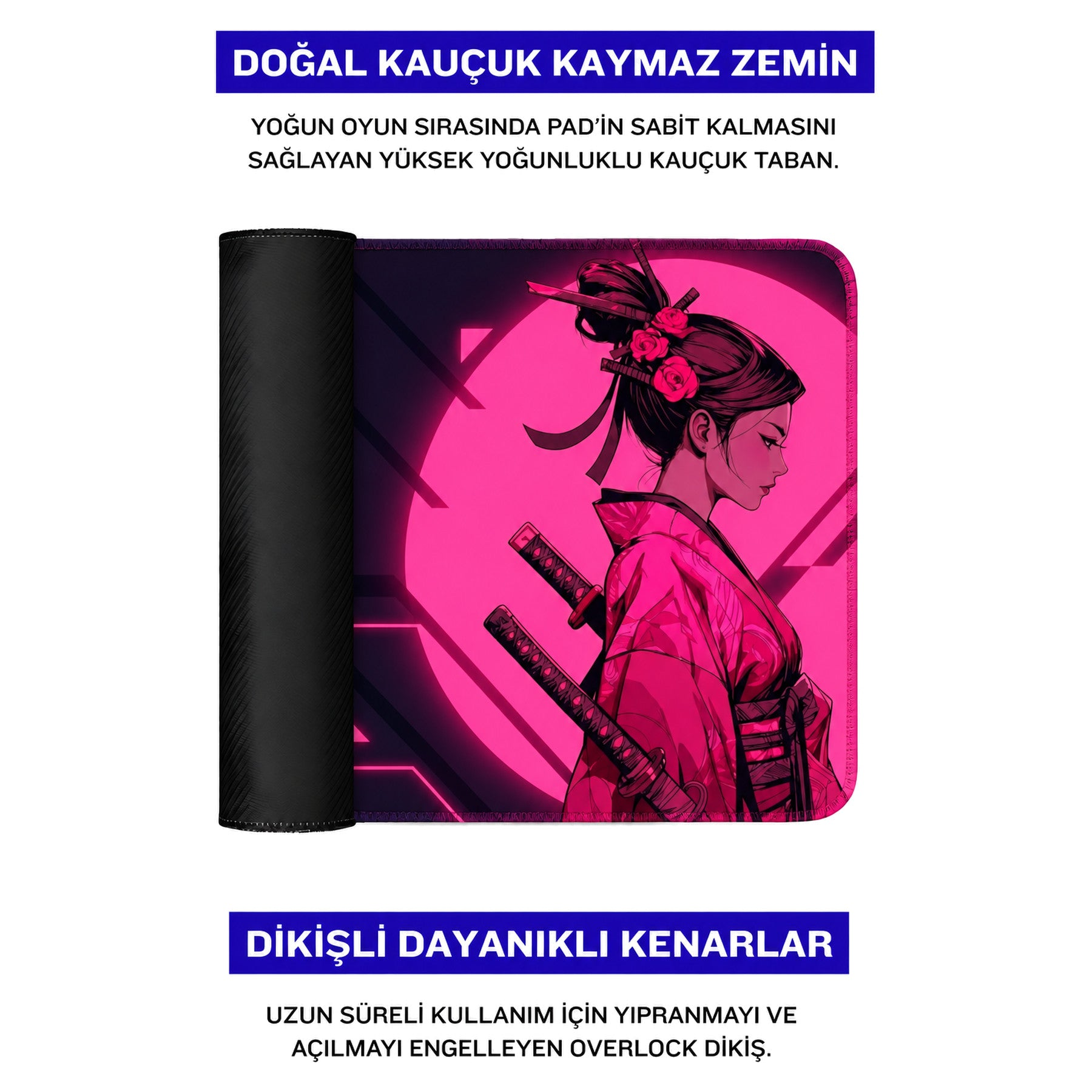 Pembe samurai kadın grafikli ve kaymaz tabanlı oyuncu mousepad'i.