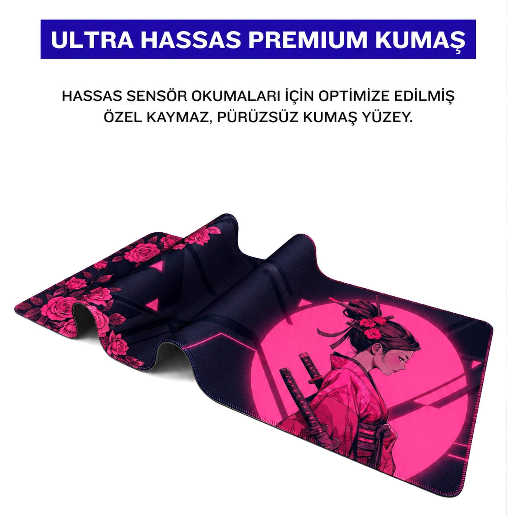 Koyu zemin üzerinde pembe samuray ve gül desenli rulo mousepad.