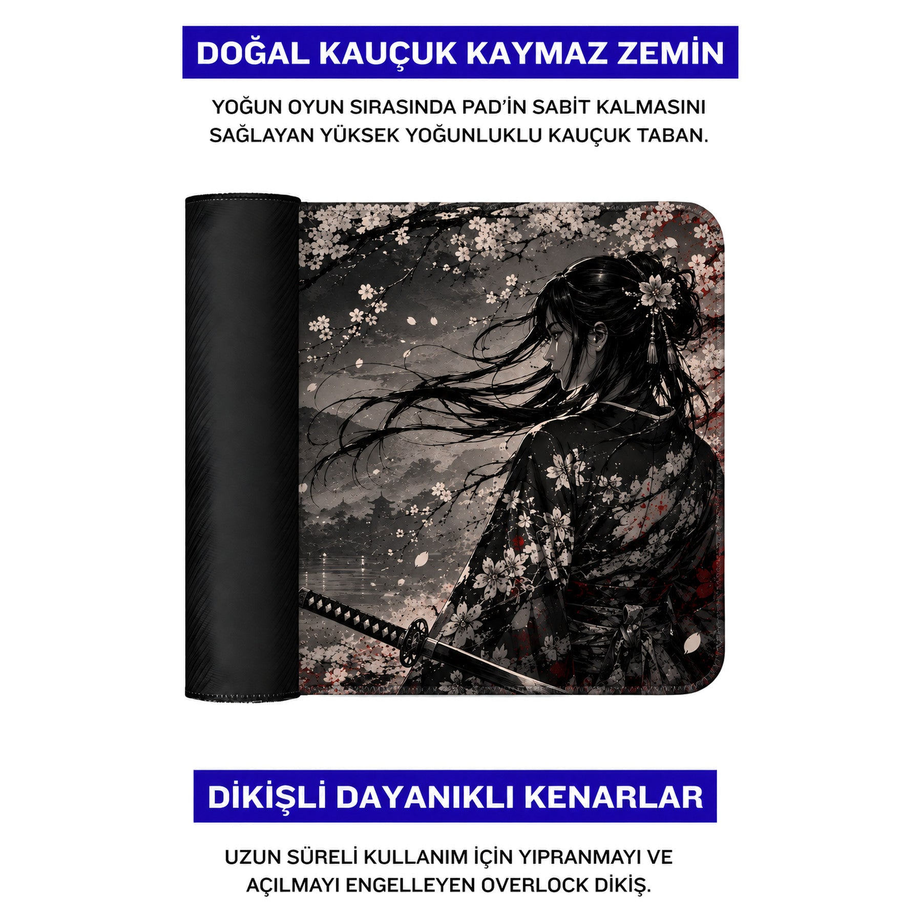 Samuray kadın, kiraz çiçekleri, kaymaz taban ve dikişli kenarlara sahip oyuncu mousepad.