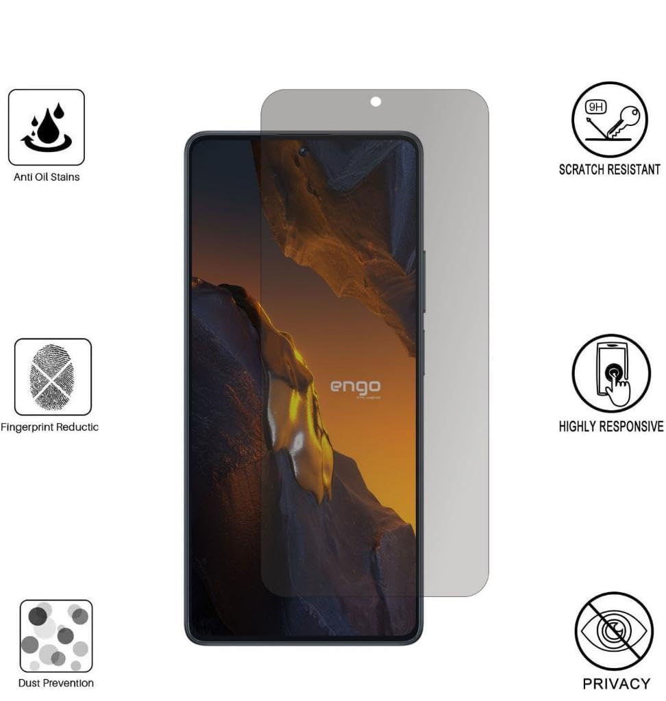 Ekran koruyuculu ve anti-yağ, çizilmeye karşı direnç ve gizlilik özelliklerini gösteren altı ikonlu akıllı telefon.