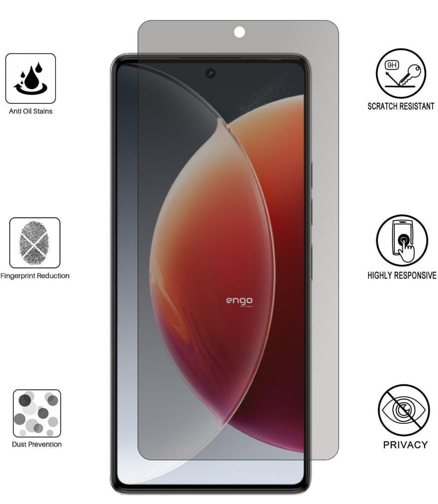 Ekran koruyuculu akıllı telefon ve çizilme direnci, gizlilik gibi koruyucu özellikleri gösteren simgeler.
