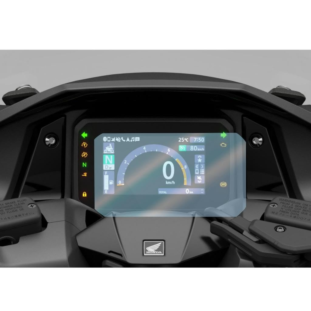 Honda logolu, hızı sıfır gösteren, boş viteste ve bilgi-eğlence simgelerine sahip dijital motosiklet gösterge paneli.