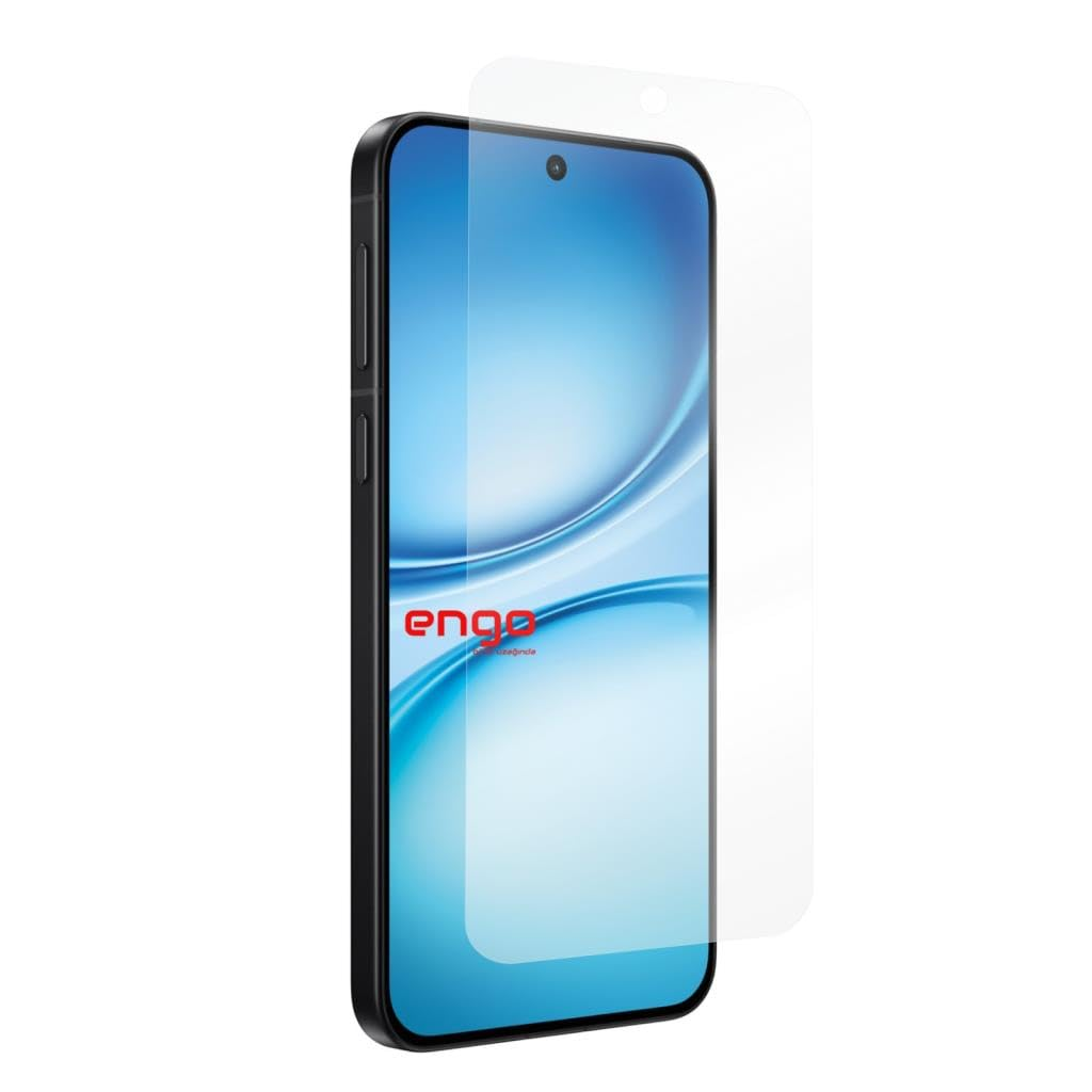 Mavi soyut duvar kağıdı gösteren ekrandan soyulan şeffaf ekran koruyuculu siyah bir akıllı telefon.
