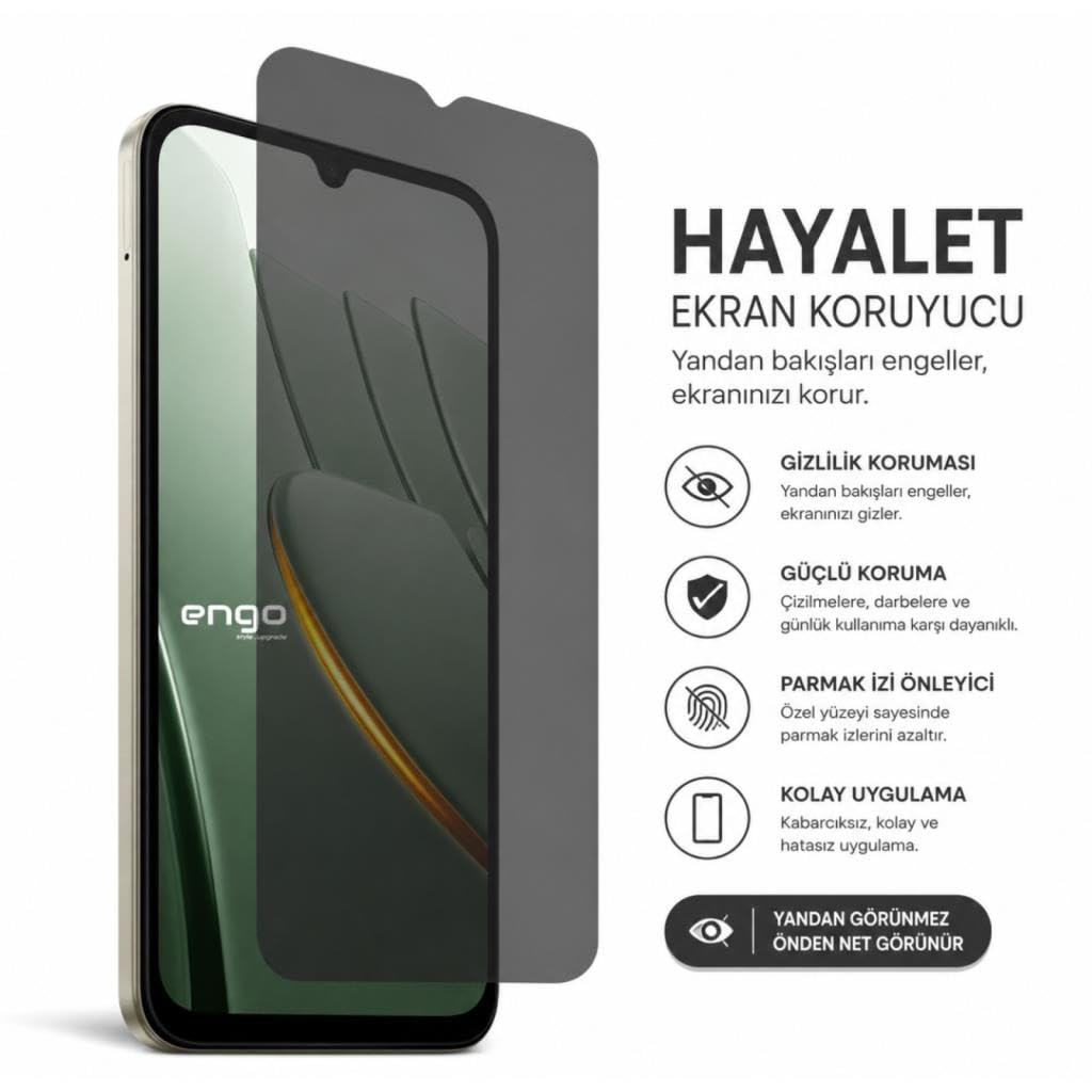 Hayalet ekran koruyuculu akıllı telefon ve özellikleri beyaz arka planda.