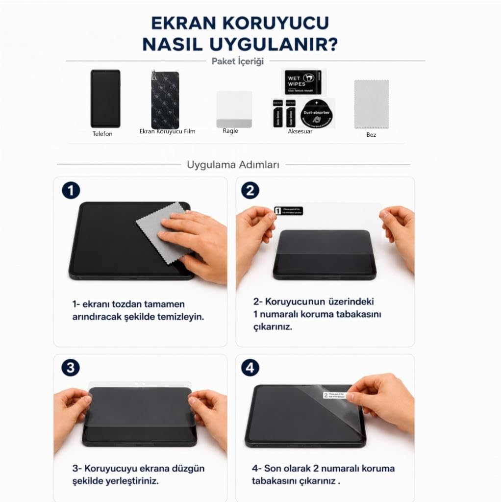 Telefon ekran koruyucusunun nasıl uygulanacağını gösteren dört adımlı rehber ve gerekli aksesuarlar.
