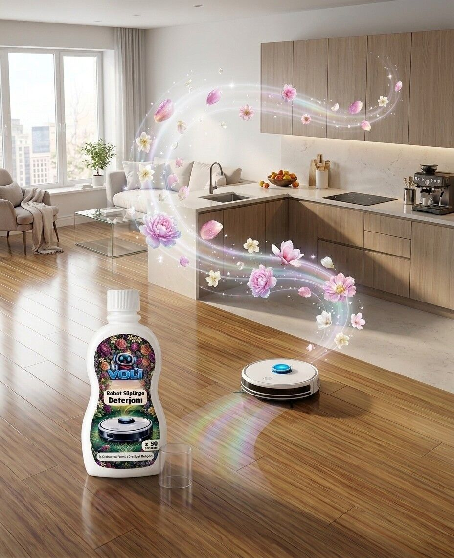 Ahşap zeminde deterjan şişesi, robot süpürge ve modern mutfakta yayılan çiçek kokuları.