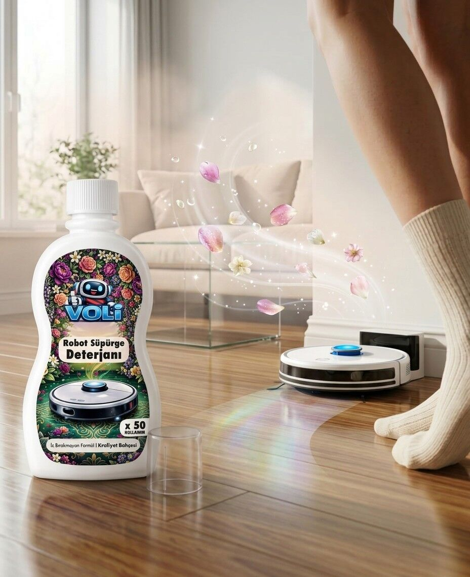 Ahşap zeminde, aktif bir robot süpürge ve uçuşan çiçek yapraklarının yanında duran bir robot süpürge deterjanı şişesi.