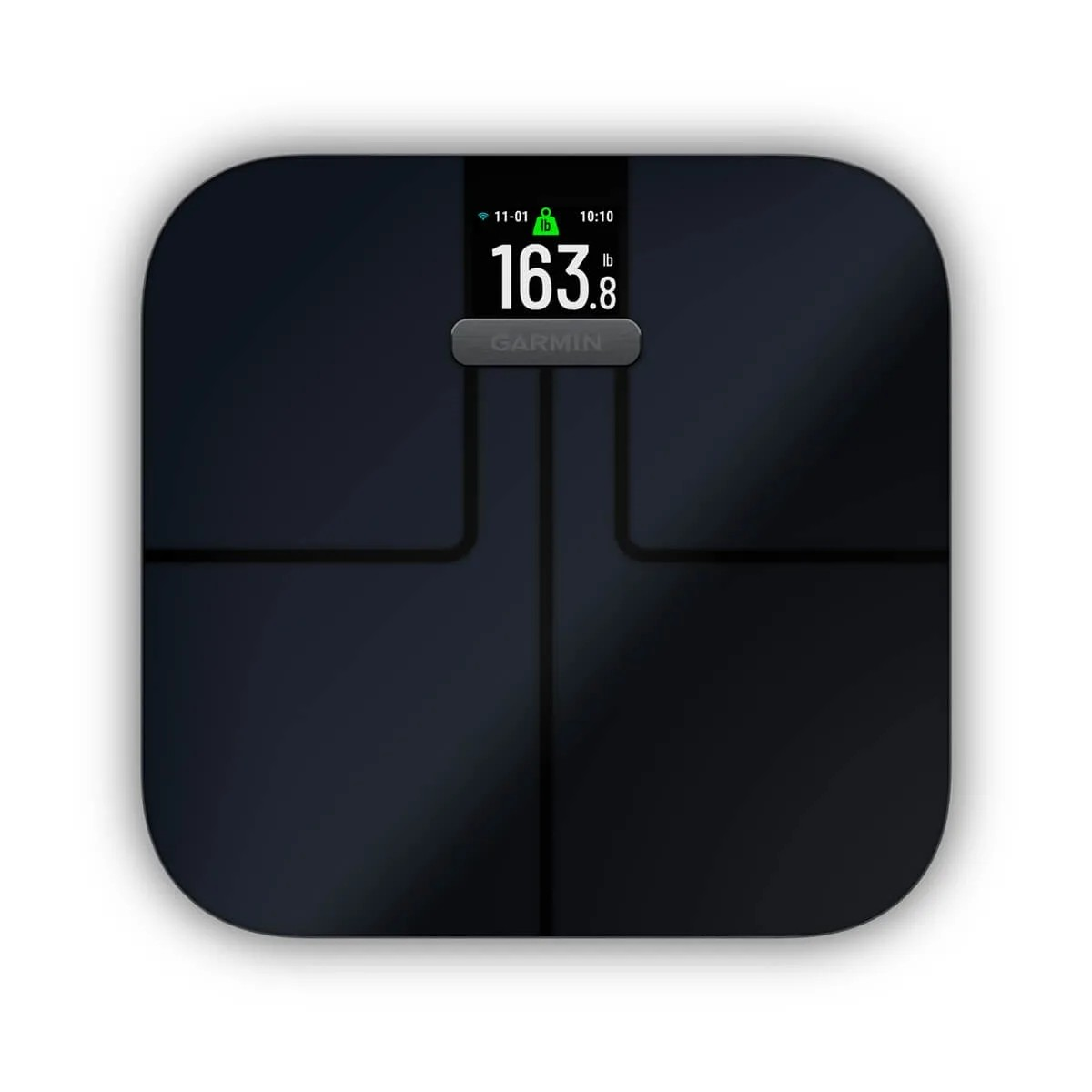 Eine schwarze Garmin Körperfettwaage zeigt 163,8 lb auf dem beleuchteten Display.