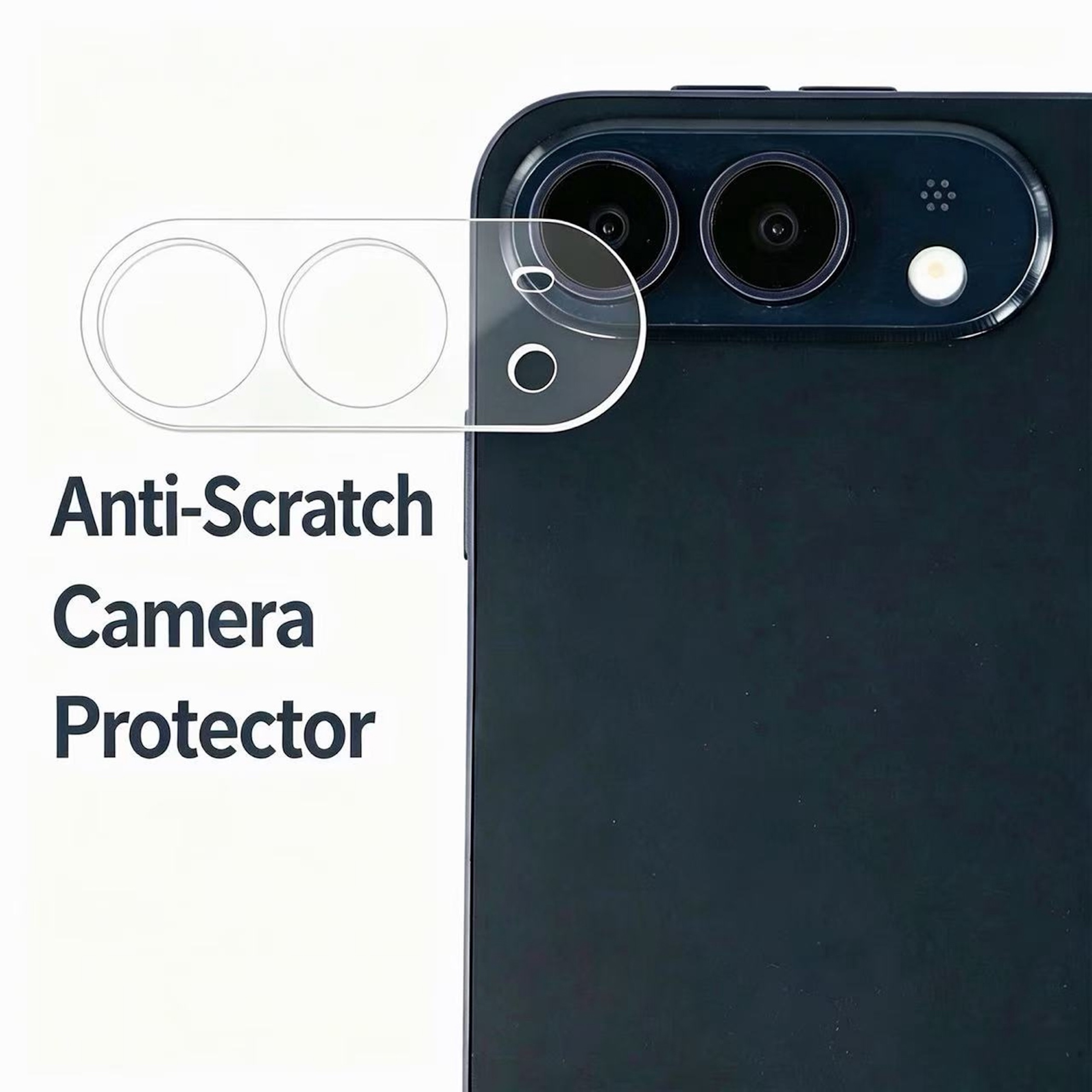 Ein klarer Anti-Kratzer-Kamera-Linsenschutz neben einem dunklen Smartphone-Kameramodul mit Text links.