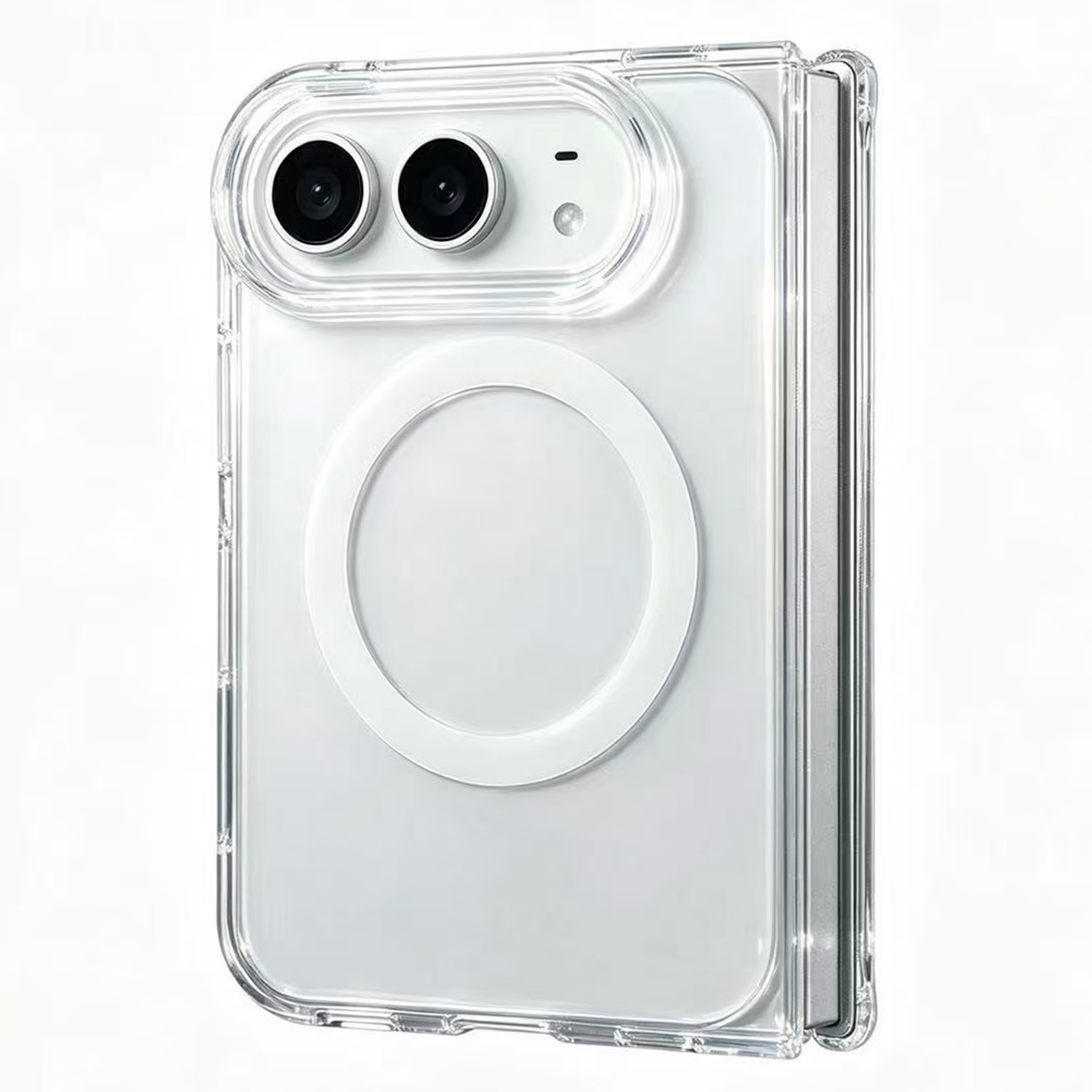 Transparente Klapp-Handyhülle mit zwei Kameras oben und weißem MagSafe-Ring.