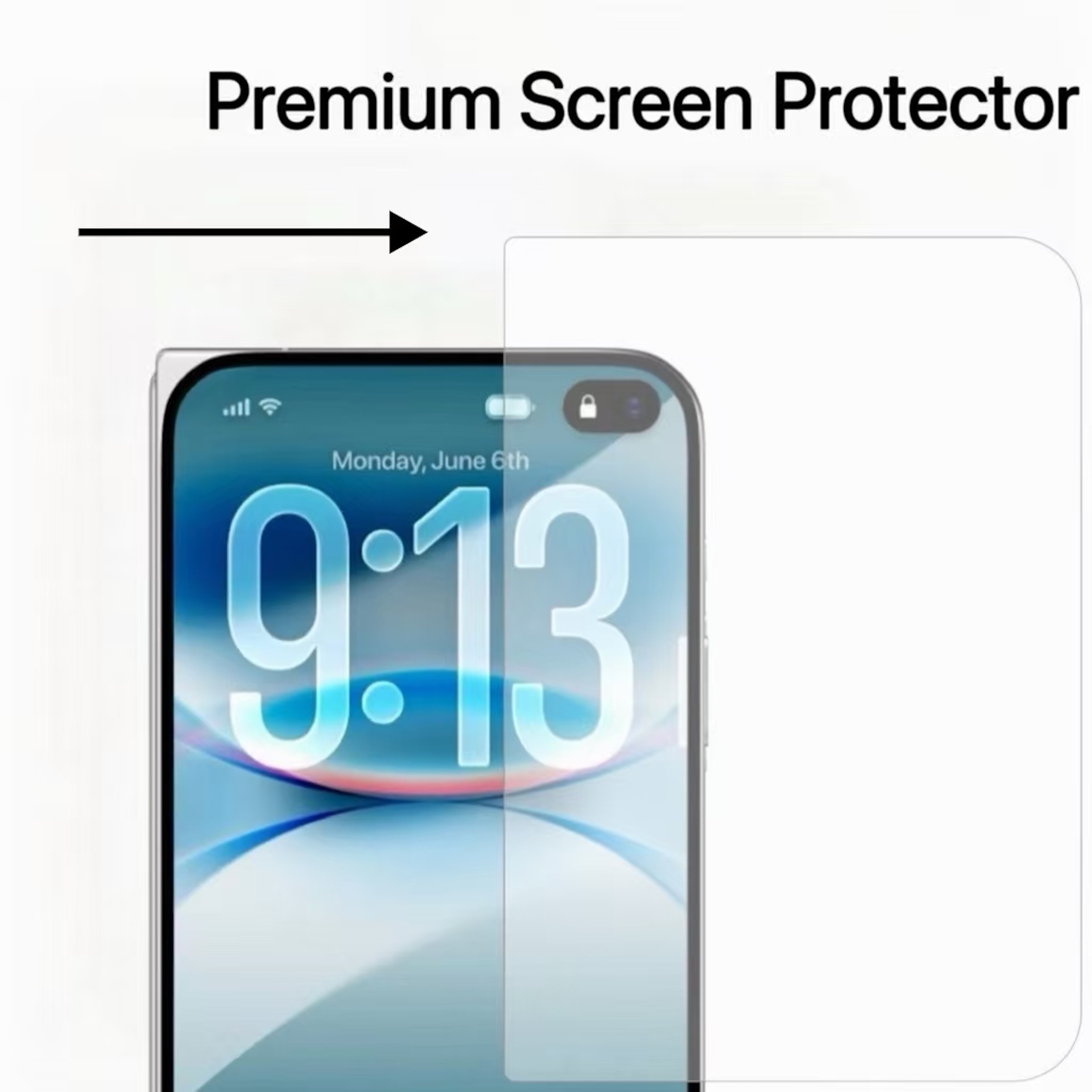 Ein Smartphone mit einem Premium-Bildschirmschutz und einer großen Uhrzeit auf dem Display.