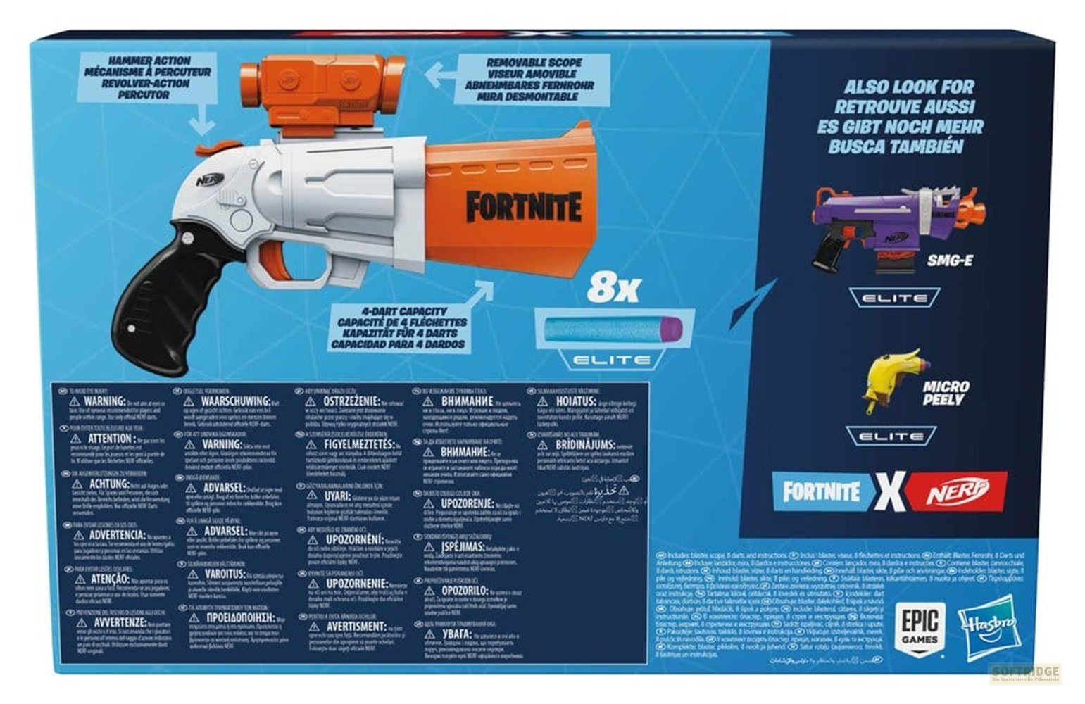 Die Rückseite einer Nerf Fortnite SP-L Blaster Verpackung mit Zubehör und Details.
