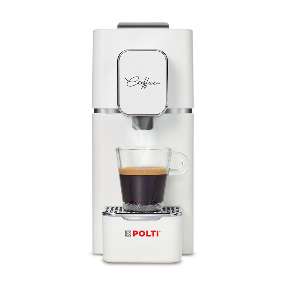 Eine weiße Polti-Kaffeemaschine mit einer Glastasse frisch gebrühtem Kaffee und aufsteigendem Dampf.
