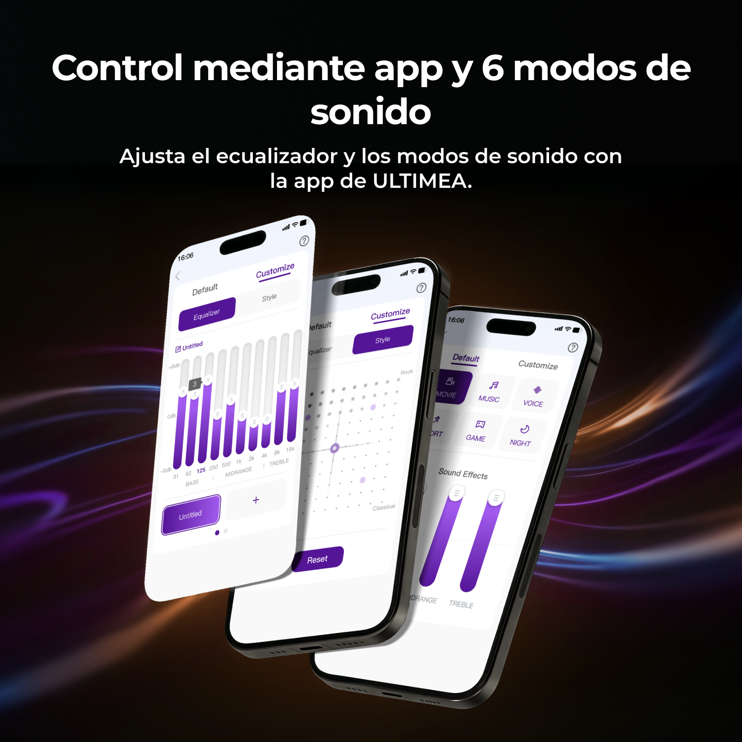 Tres teléfonos inteligentes que muestran una aplicación de ecualizador de audio sobre fondo oscuro.