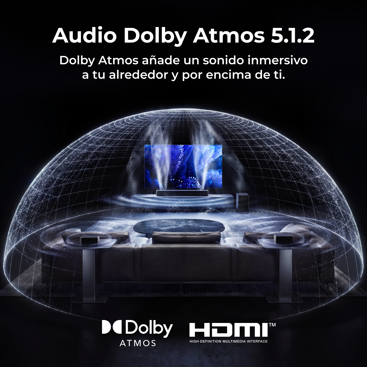 Ilustración gráfica de sonido Dolby Atmos 5.1.2 con una cúpula de audio azul sobre una sala de estar.
