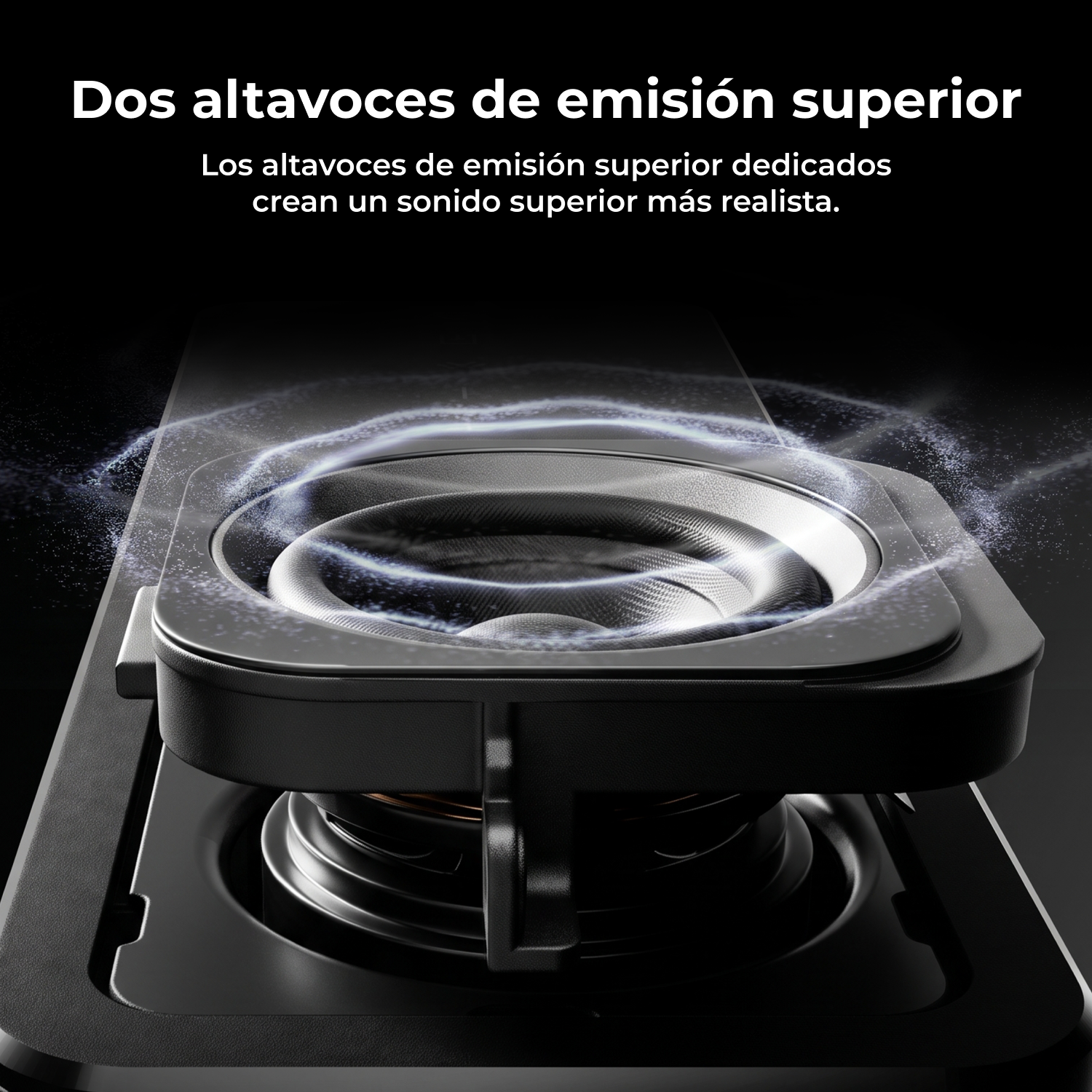Altavoz de emisión superior dentro de un dispositivo negro con ondas de sonido azules.