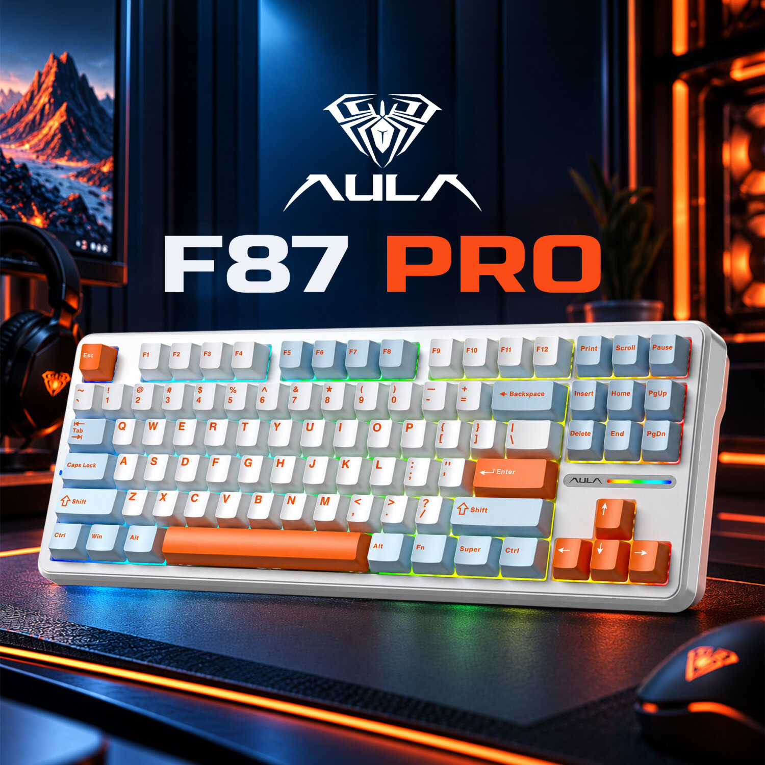Beyaz, mavi ve turuncu tuşlu, RGB aydınlatmalı AULA F87 Pro mekanik klavye.
