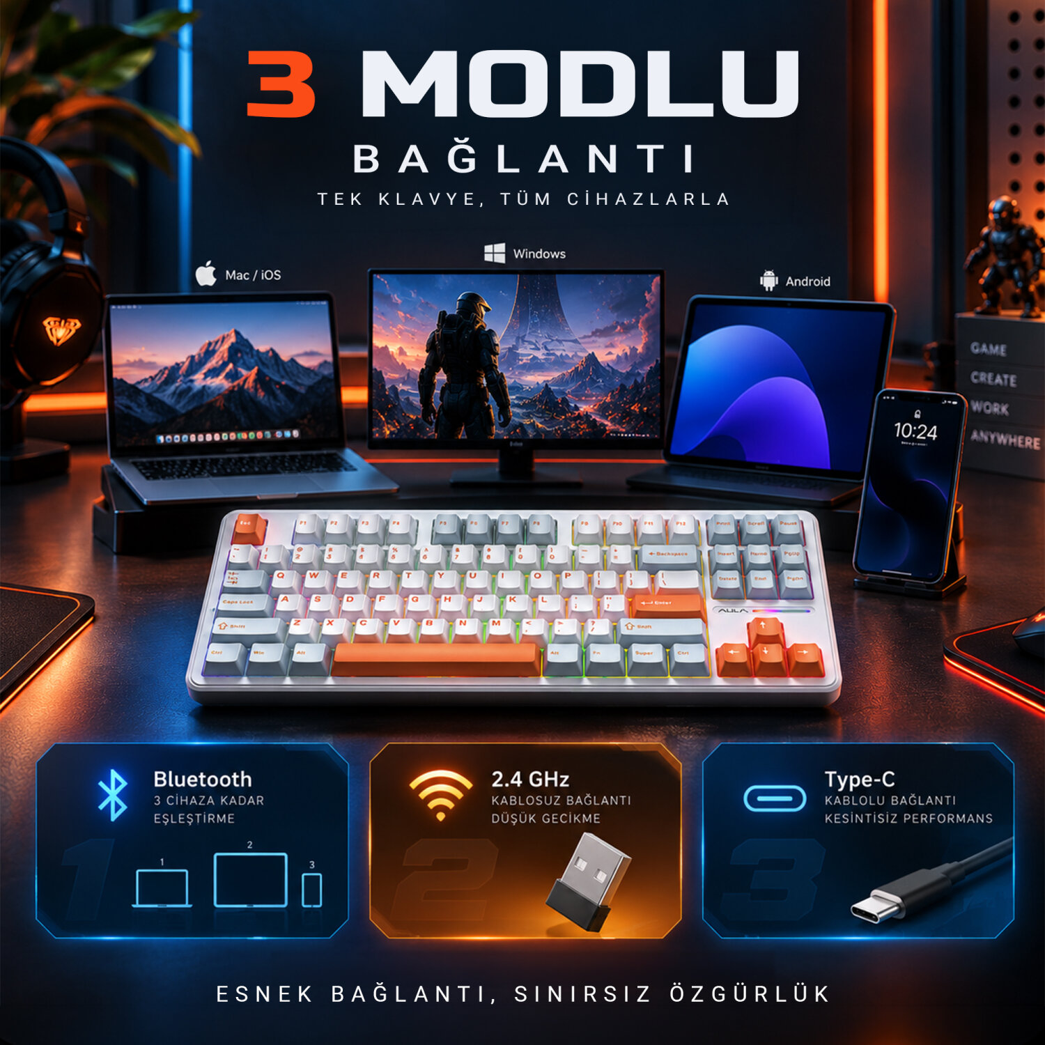 Masada dizüstü bilgisayar, monitör, tablet ve akıllı telefona bağlı beyaz bir oyuncu klavyesi.