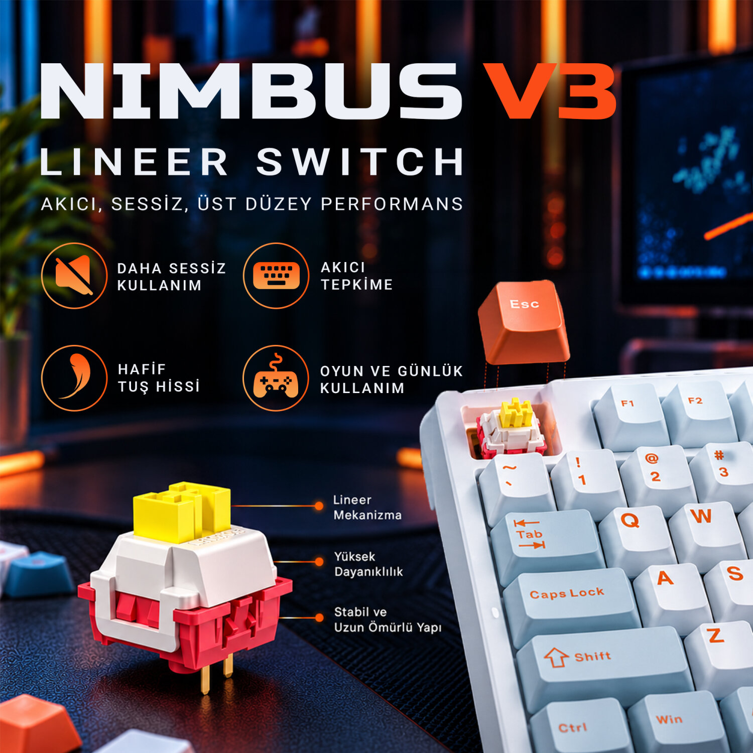 Sarı mekanik parçalara sahip beyaz ve turuncu tasarımlı Nimbus V3 lineer klavye switchleri.