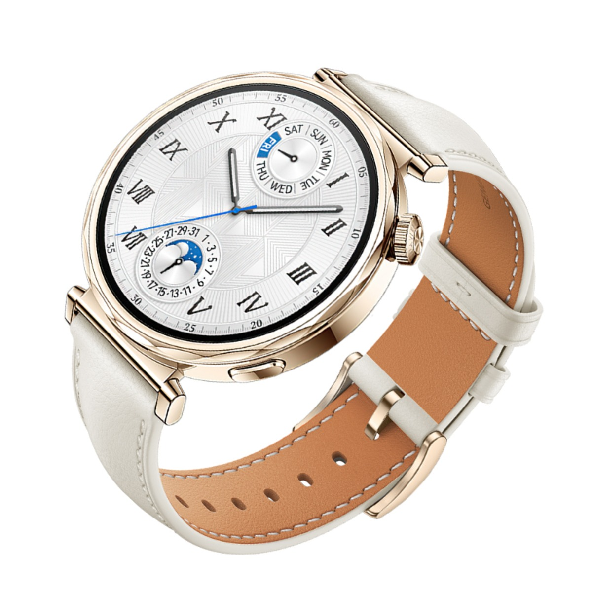 Eine elegante Armbanduhr mit roségoldenem Gehäuse, weißem Zifferblatt und einem weißen Lederarmband auf weißem Hintergrund.
