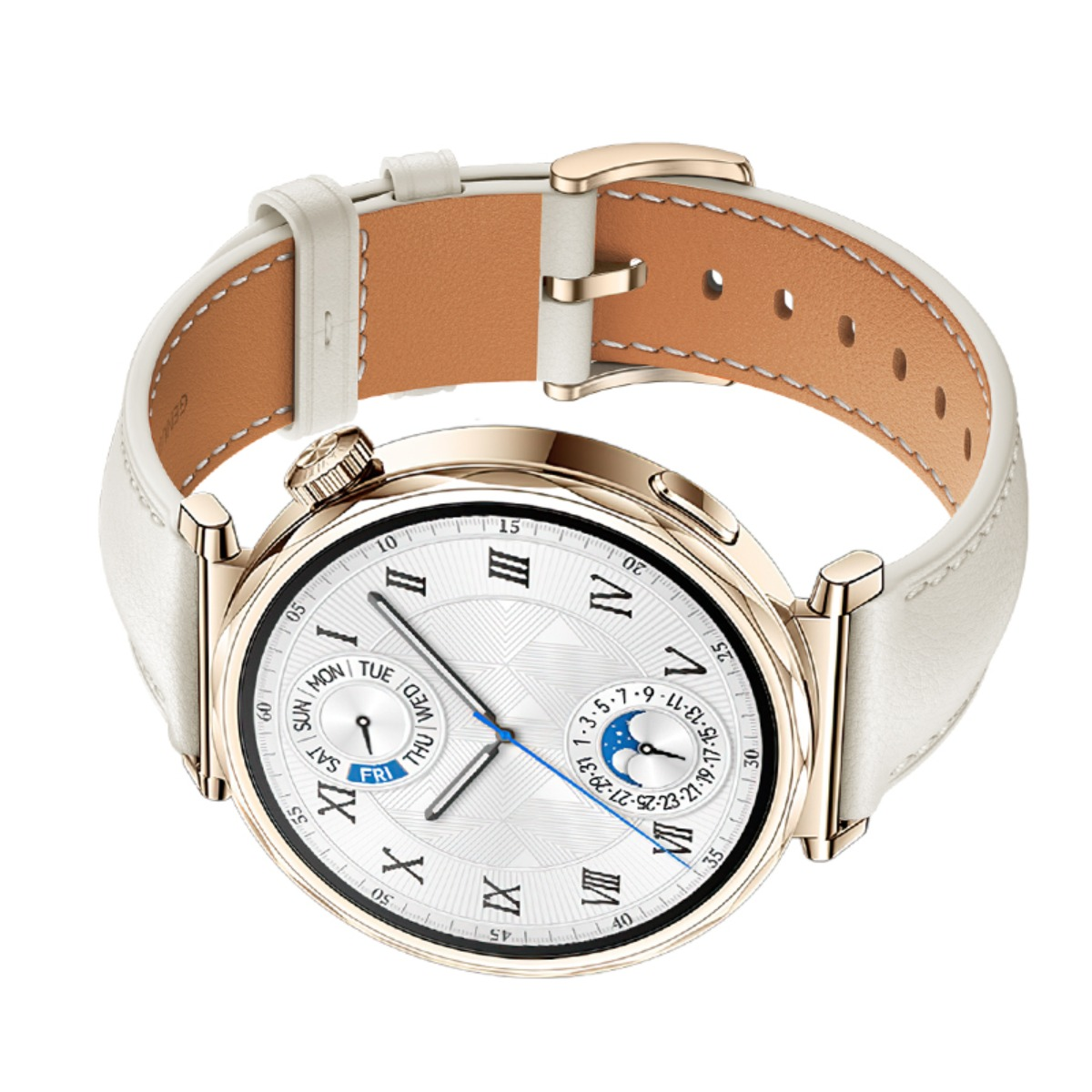 Eine roségoldene Smartwatch mit weißem Zifferblatt, römischen Ziffern und einem weißen Lederarmband auf weißem Hintergrund.