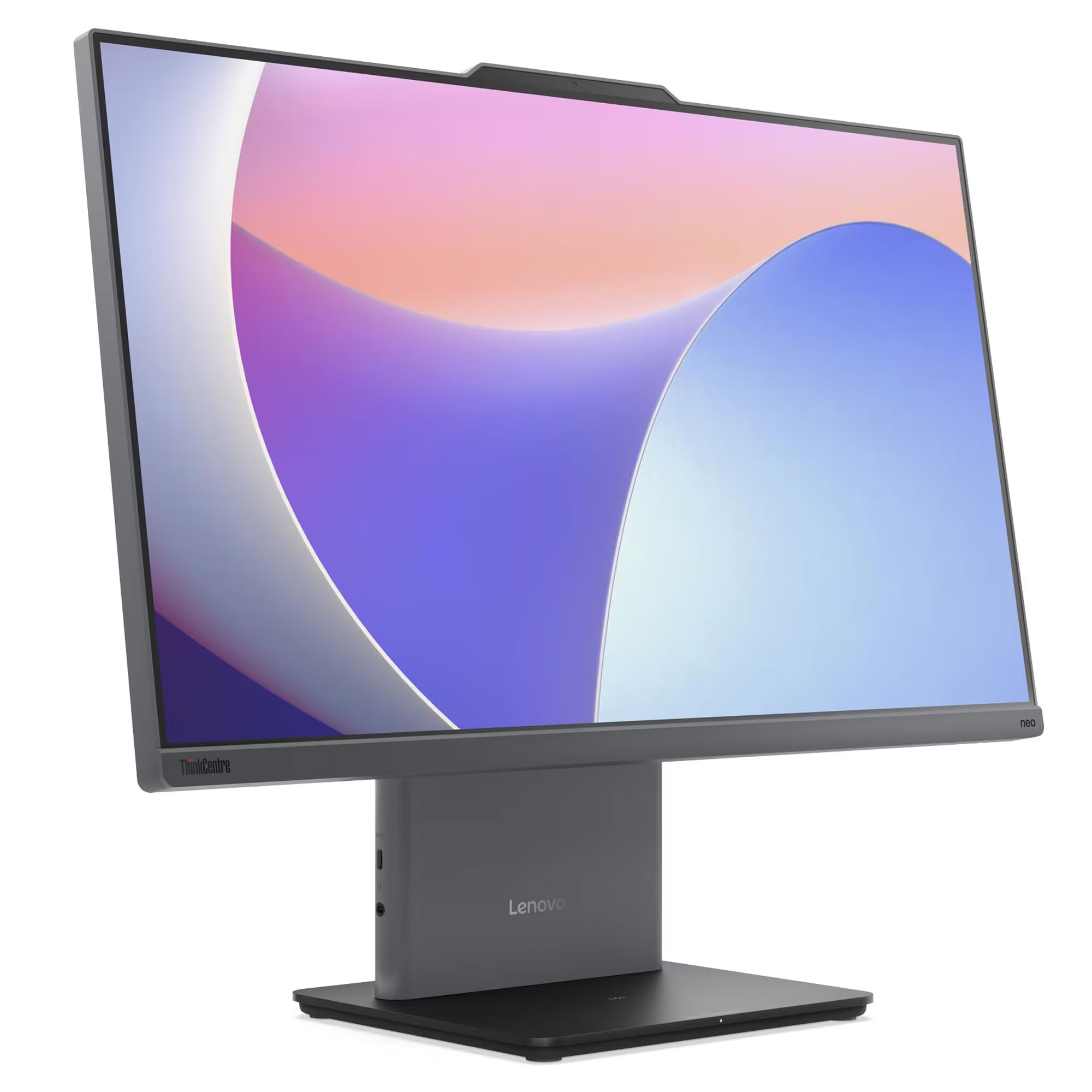Standlı gri bir Lenovo monitör renkli soyut bir arka plan gösteriyor.
