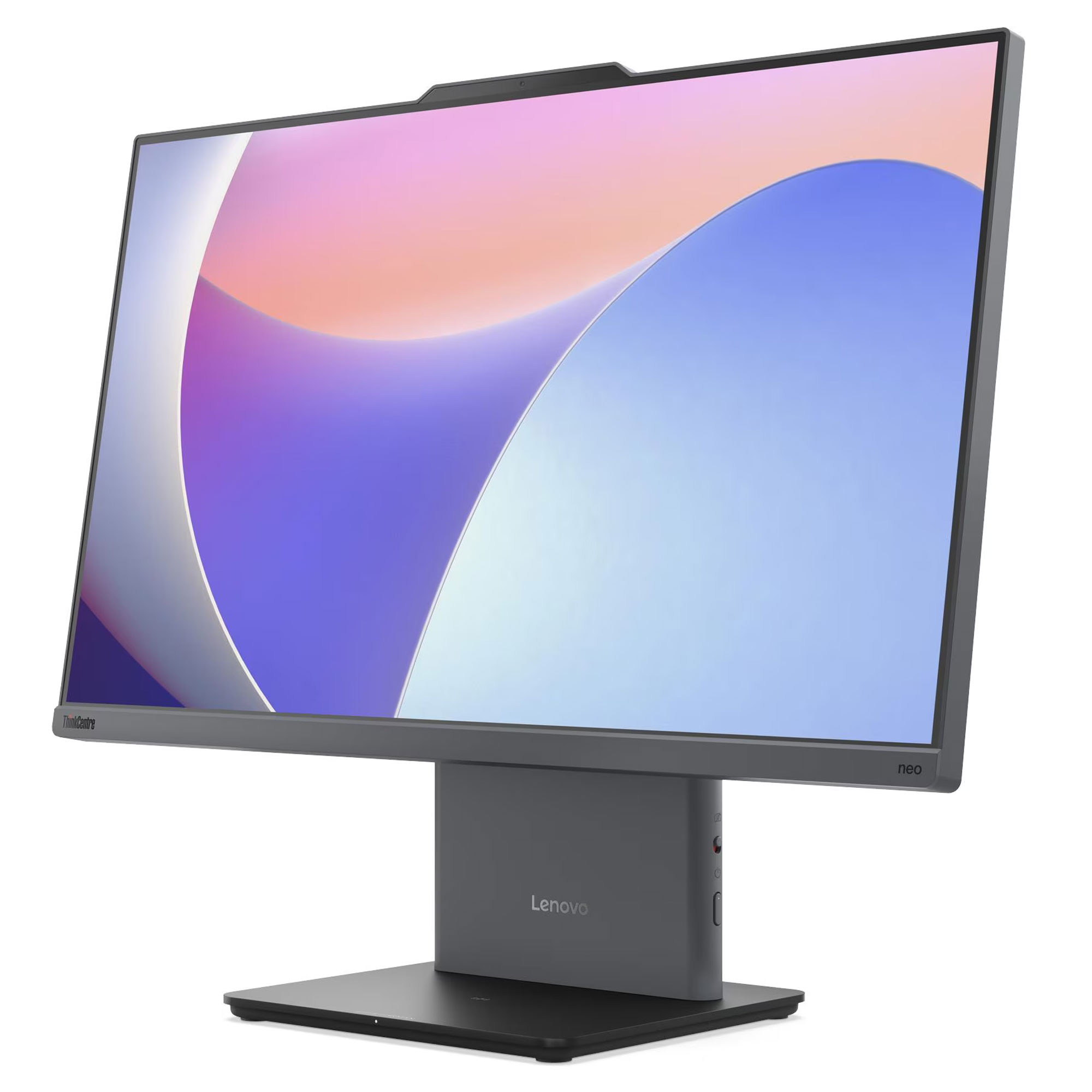 Ekranında kavisli soyut bir arka plan gösteren gri bir Lenovo hepsi bir arada masaüstü bilgisayar.