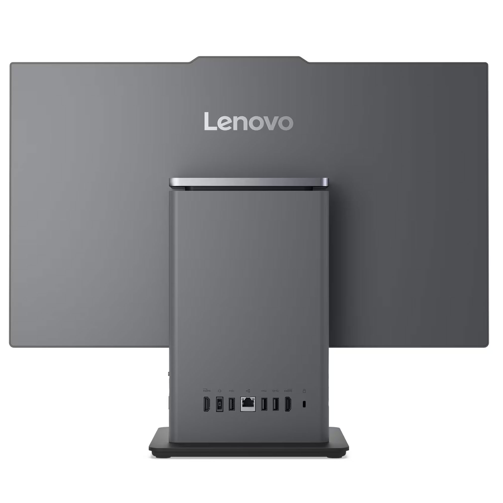Beyaz bir yüzey üzerinde entegre dock ve çeşitli bağlantı noktalarına sahip gri bir Lenovo monitörün arkası.