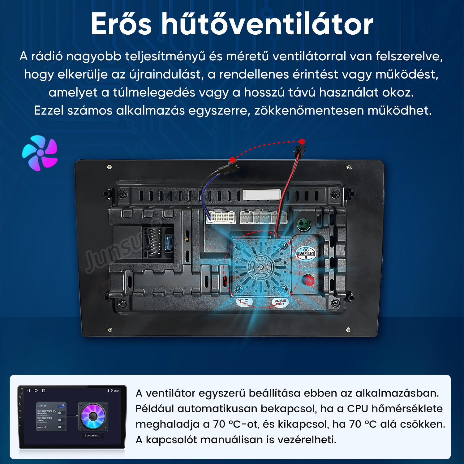 Autórádió hátulja beépített hűtőventilátorral a túlmelegedés megelőzésére.