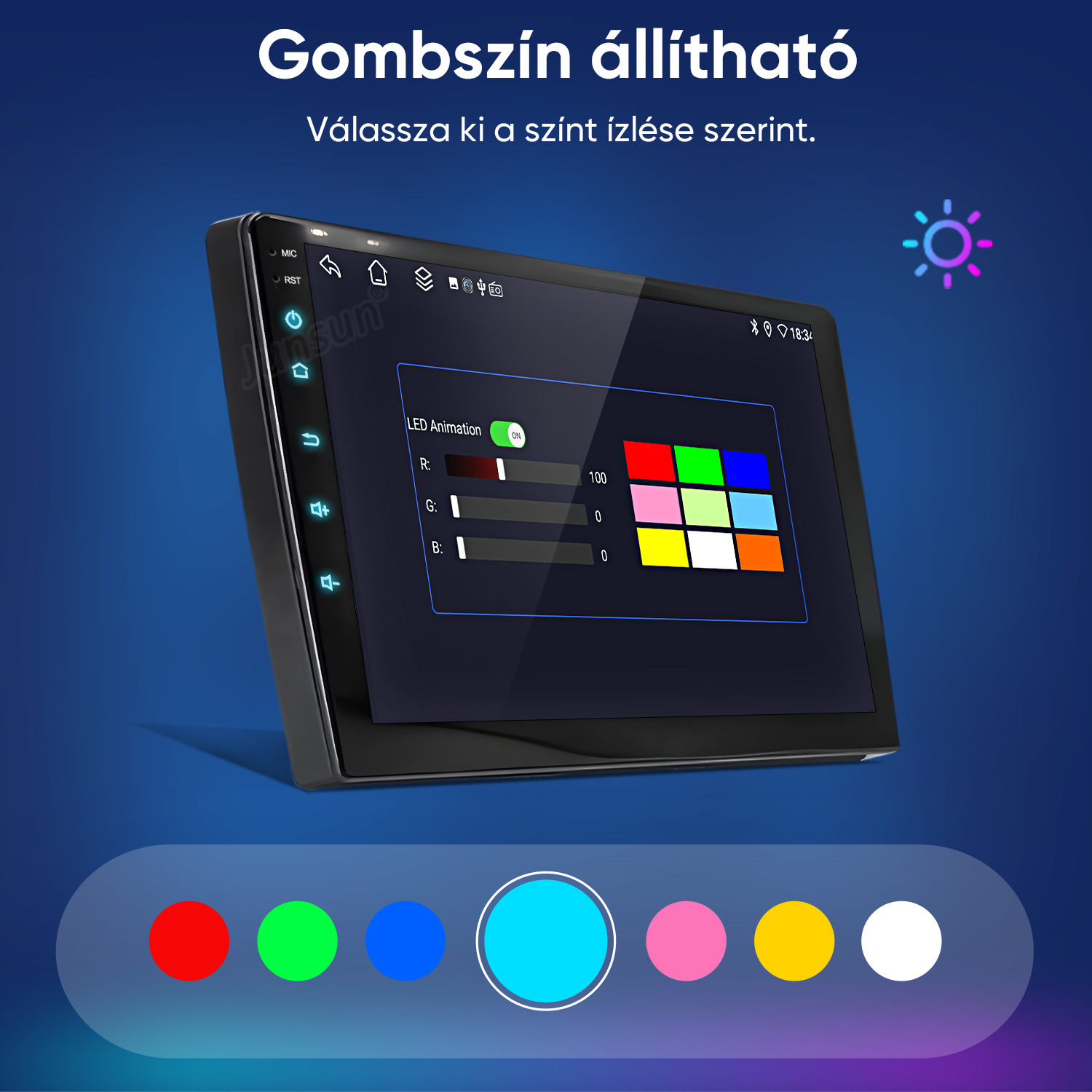 Autós hifi kijelző LED animációs beállításokkal és RGB színválasztékkal kék háttér előtt.
