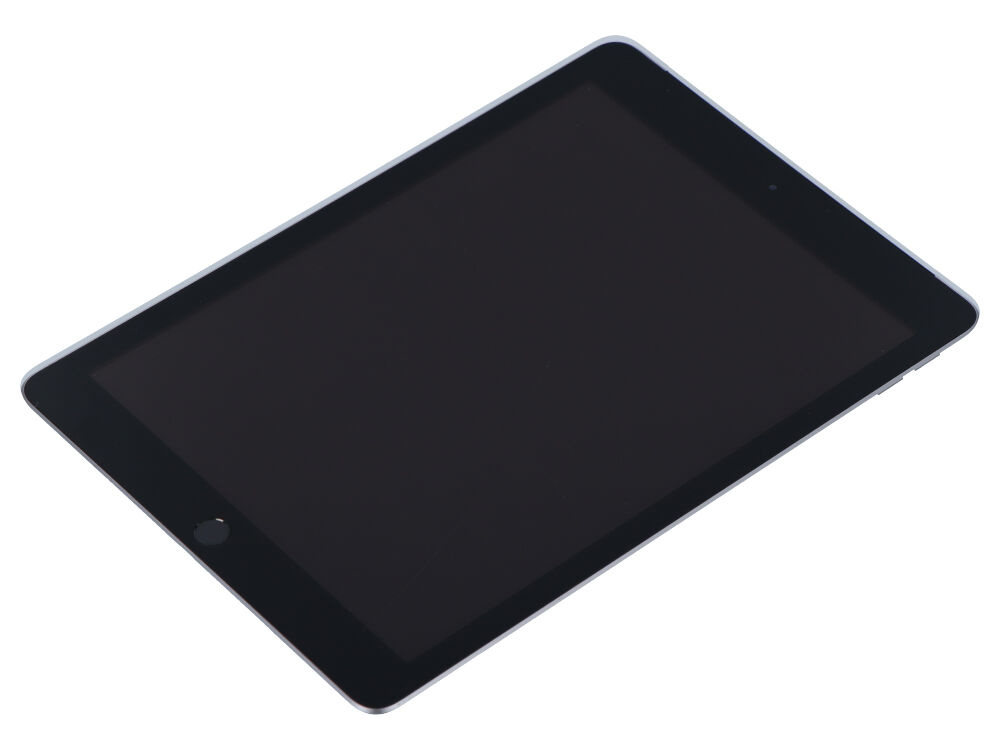 Czarny tablet z przyciskiem domowym na dolnej ramce, widoczny pod kątem na białym tle.