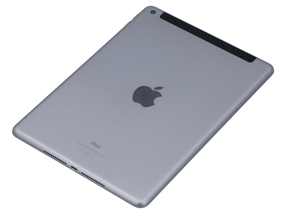 Tył szarego iPada z logo Apple na białym tle.