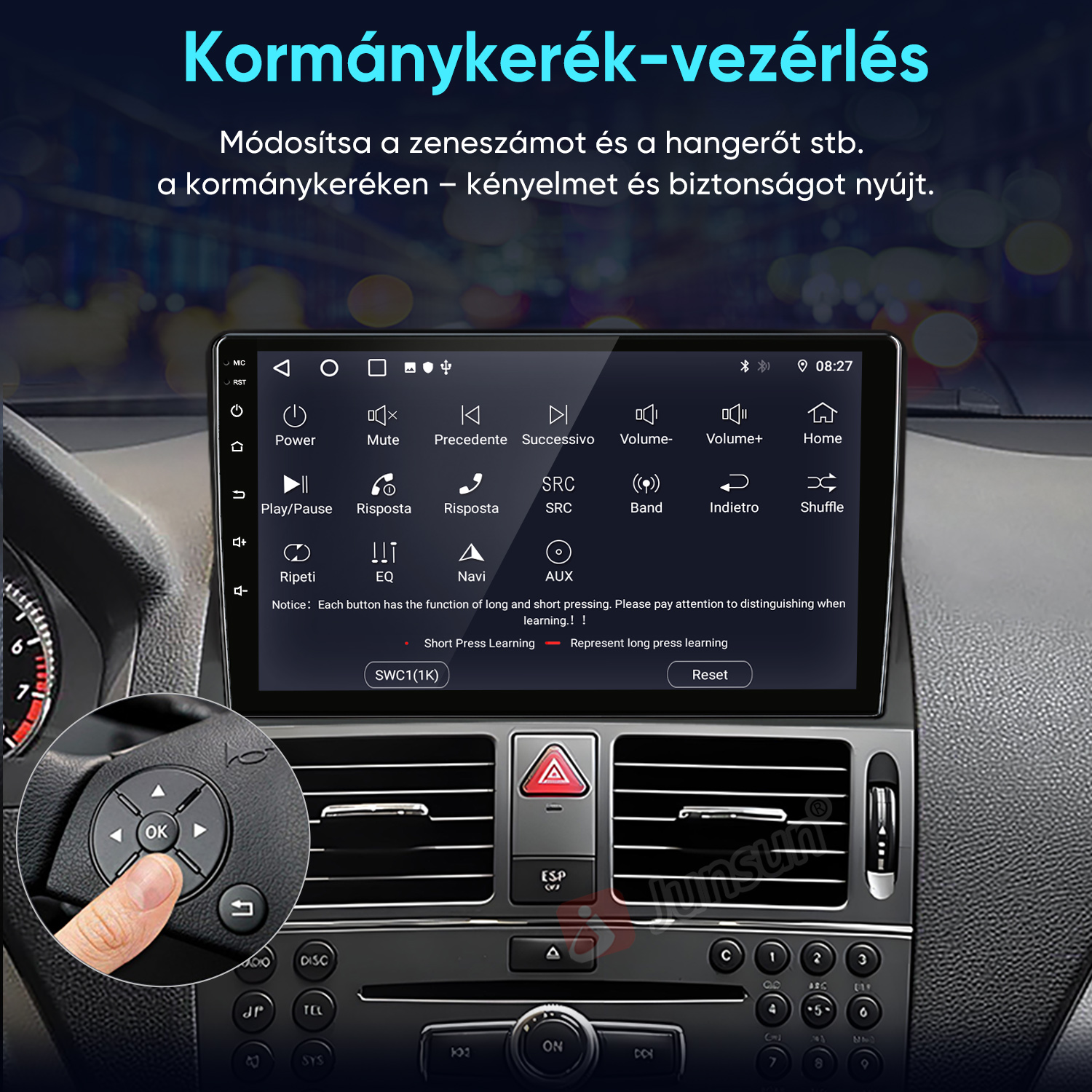 Autó kijelző érintőképernyővel és kormánykerék-vezérlési beállításokkal.