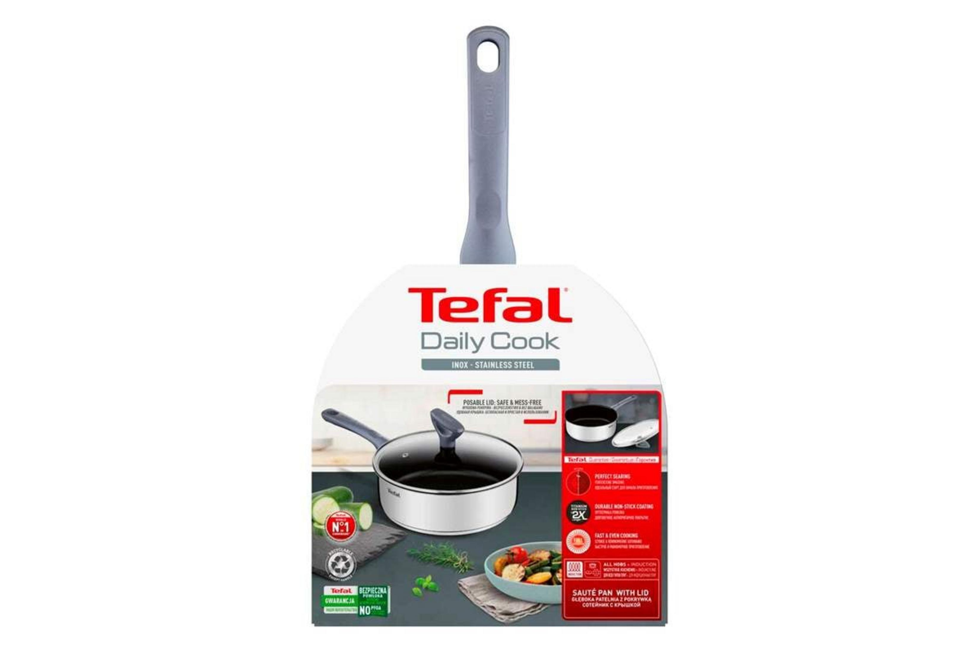 Rondel ze stali nierdzewnej Tefal Daily Cook w szarym opakowaniu z cechami produktu.