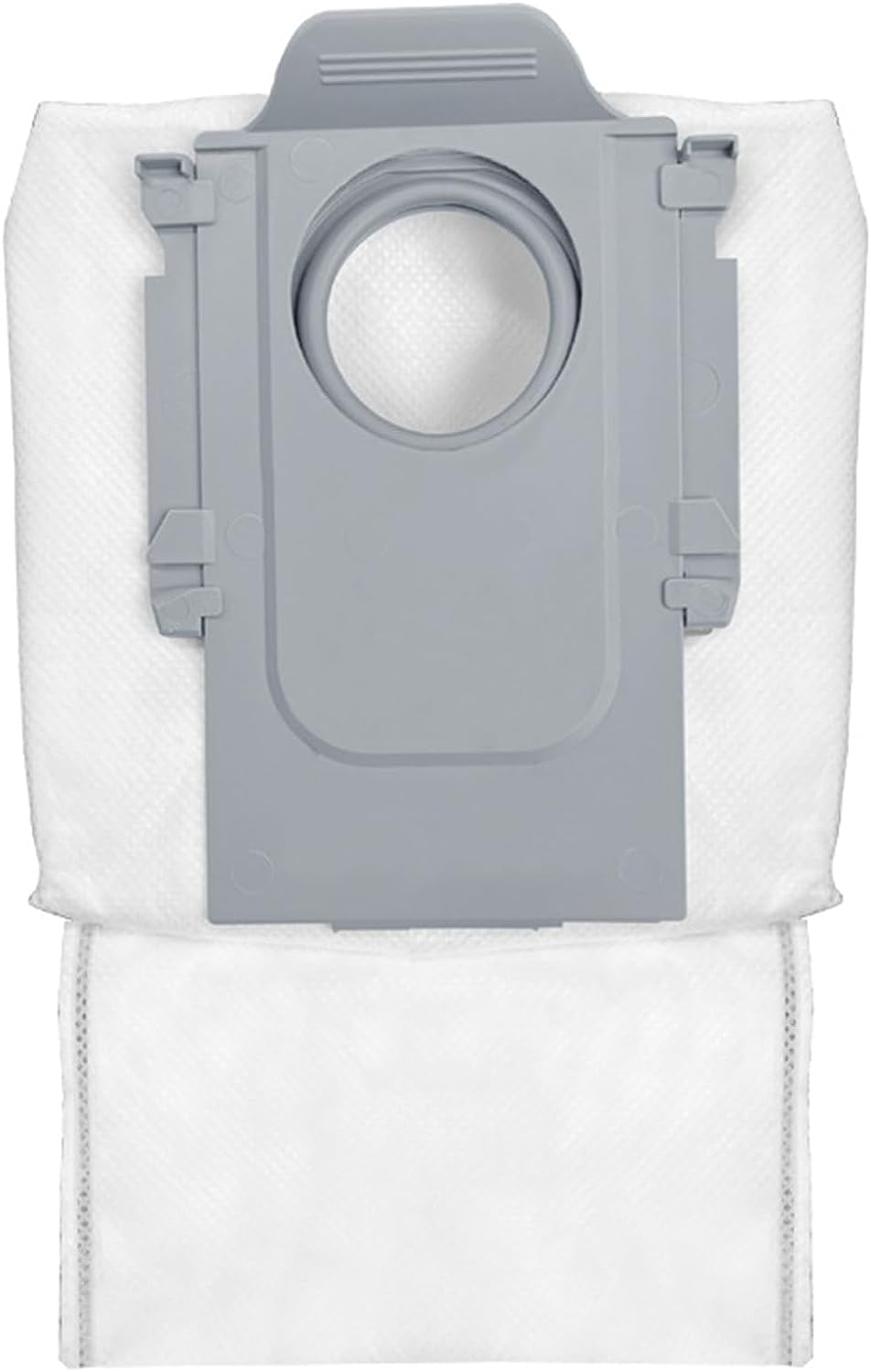 A white vacuum cleaner bag with a grey plastic holder and a circular opening.