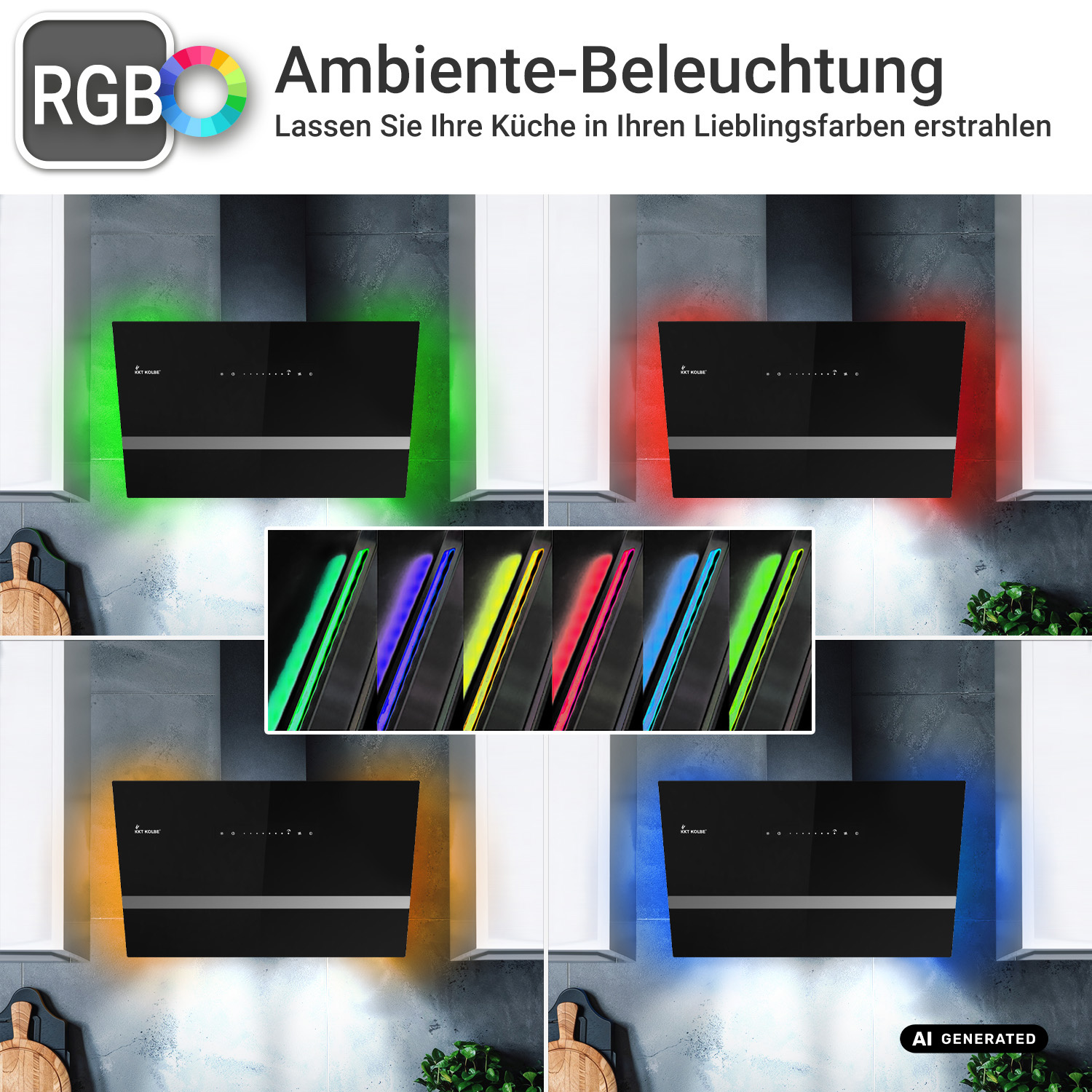 Cappa da cucina nera con varie retroilluminazioni RGB colorate in una cucina.