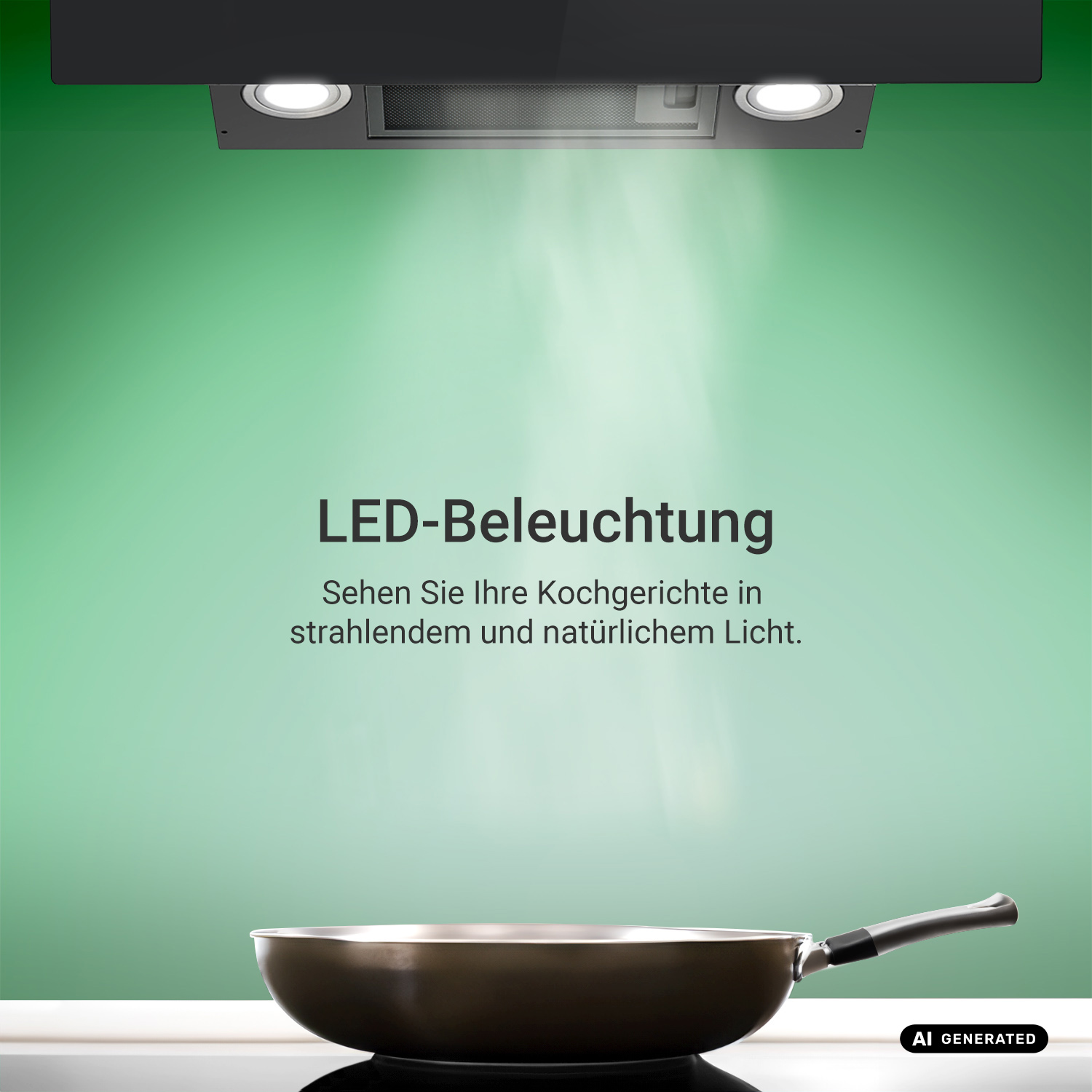 Cappa aspirante con luce LED sopra un piano cottura con padella e vapore in salita su sfondo verde.