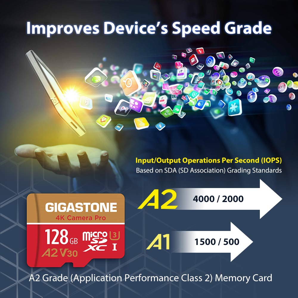 Une carte MicroSD Gigastone 128 Go A2 améliore les performances des applications.