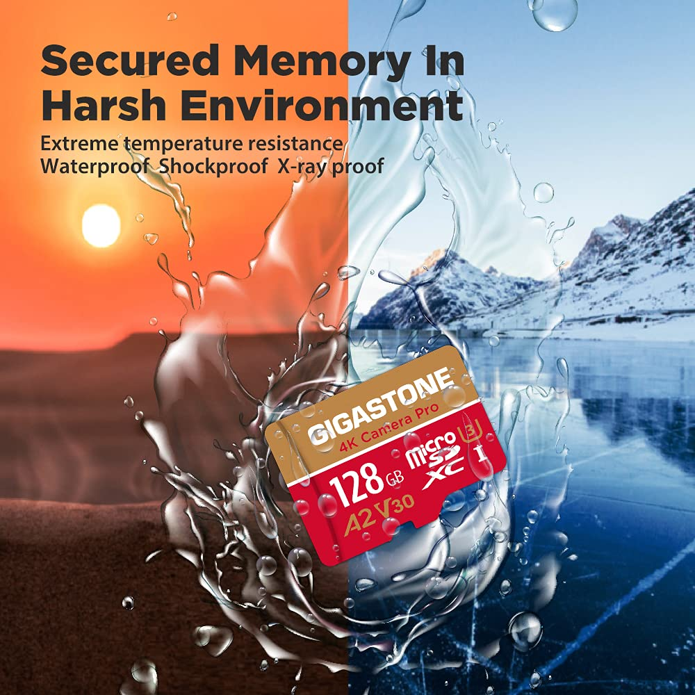 Carte microSD Gigastone dans l'eau, divisée en désert et glace, avec du texte sur la durabilité.