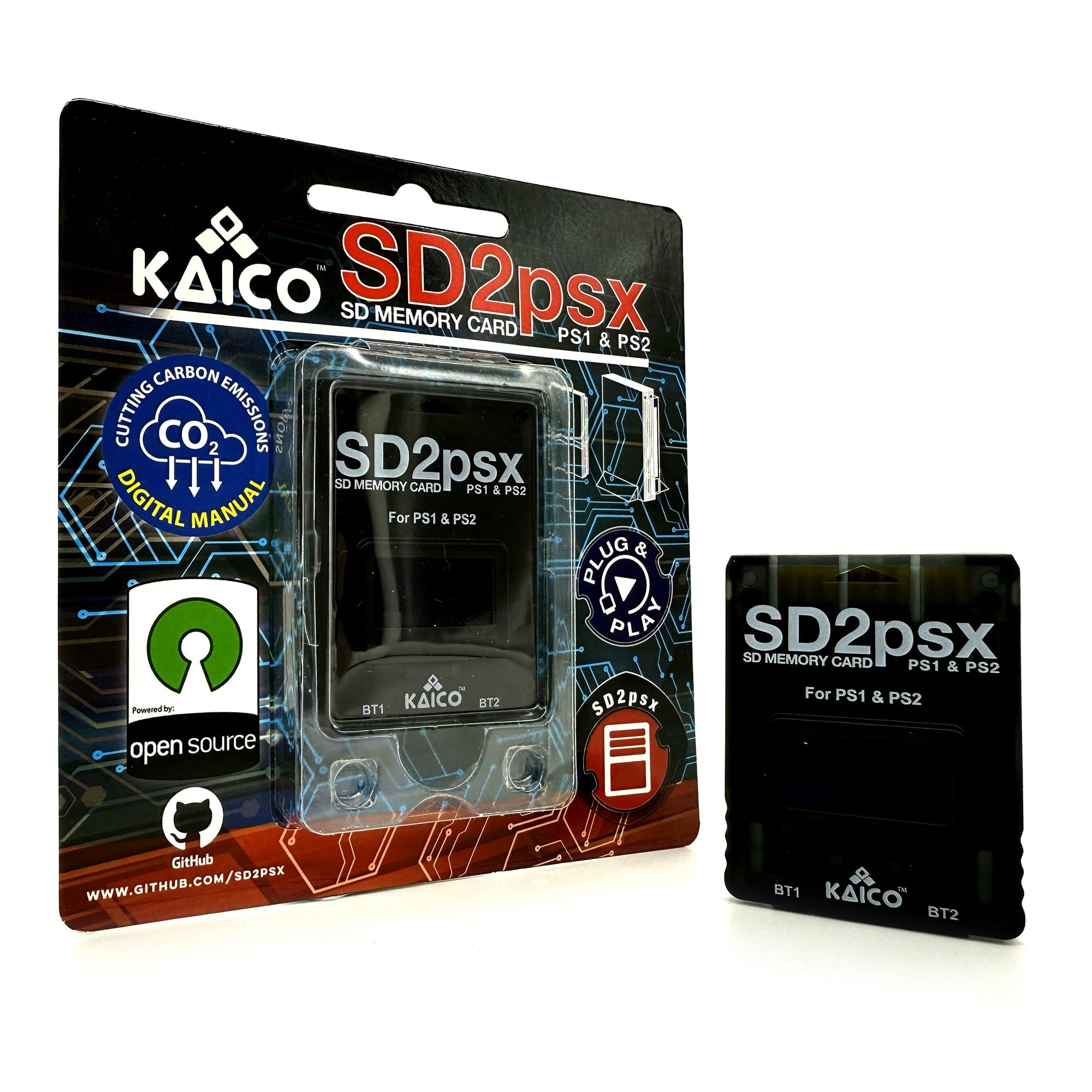 Carte mémoire SD2psx dans son emballage et à côté, compatible avec PS1 et PS2.