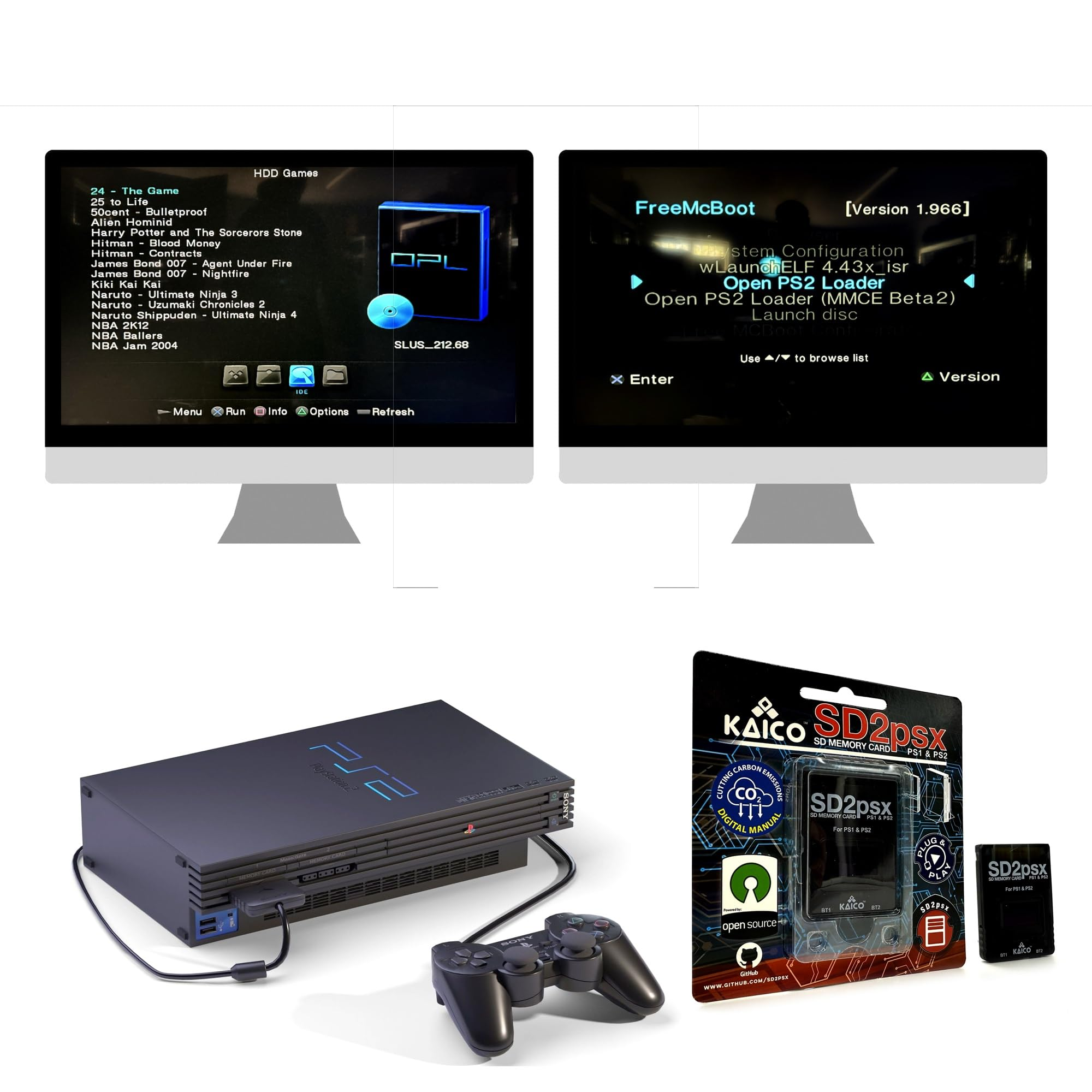 Console PS2 avec manette, écrans de jeu affichant le menu OPL et carte mémoire SD2psx dans son emballage.