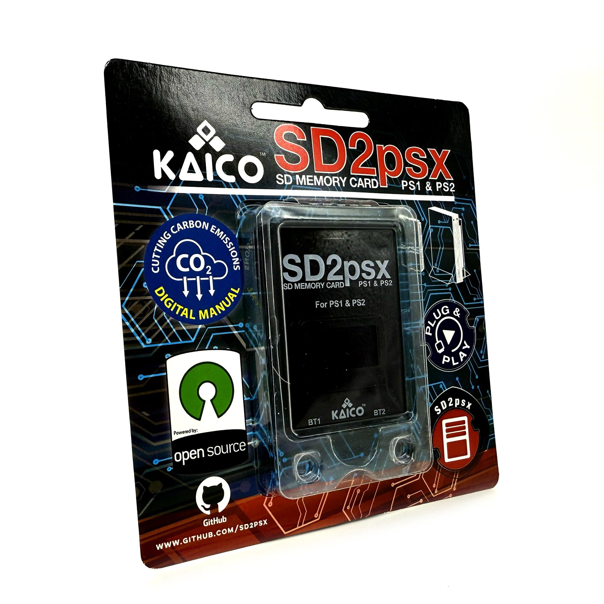 Carte mémoire SD Kaico SD2psx emballée pour PS1 et PS2 sur fond blanc.