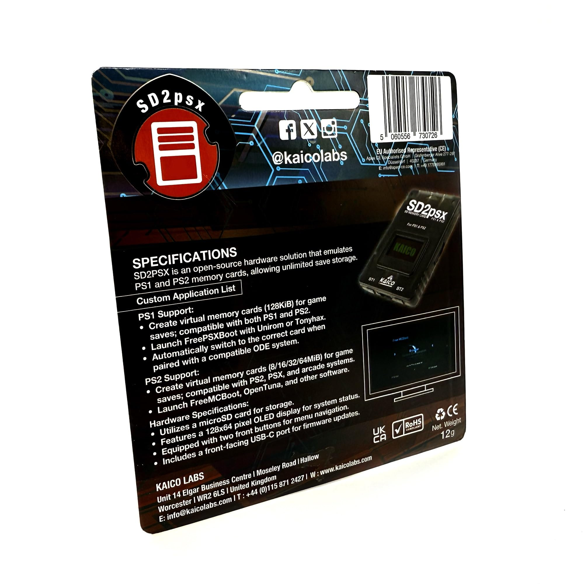 Arrière d'un emballage de produit SD2psx montrant les spécifications.
