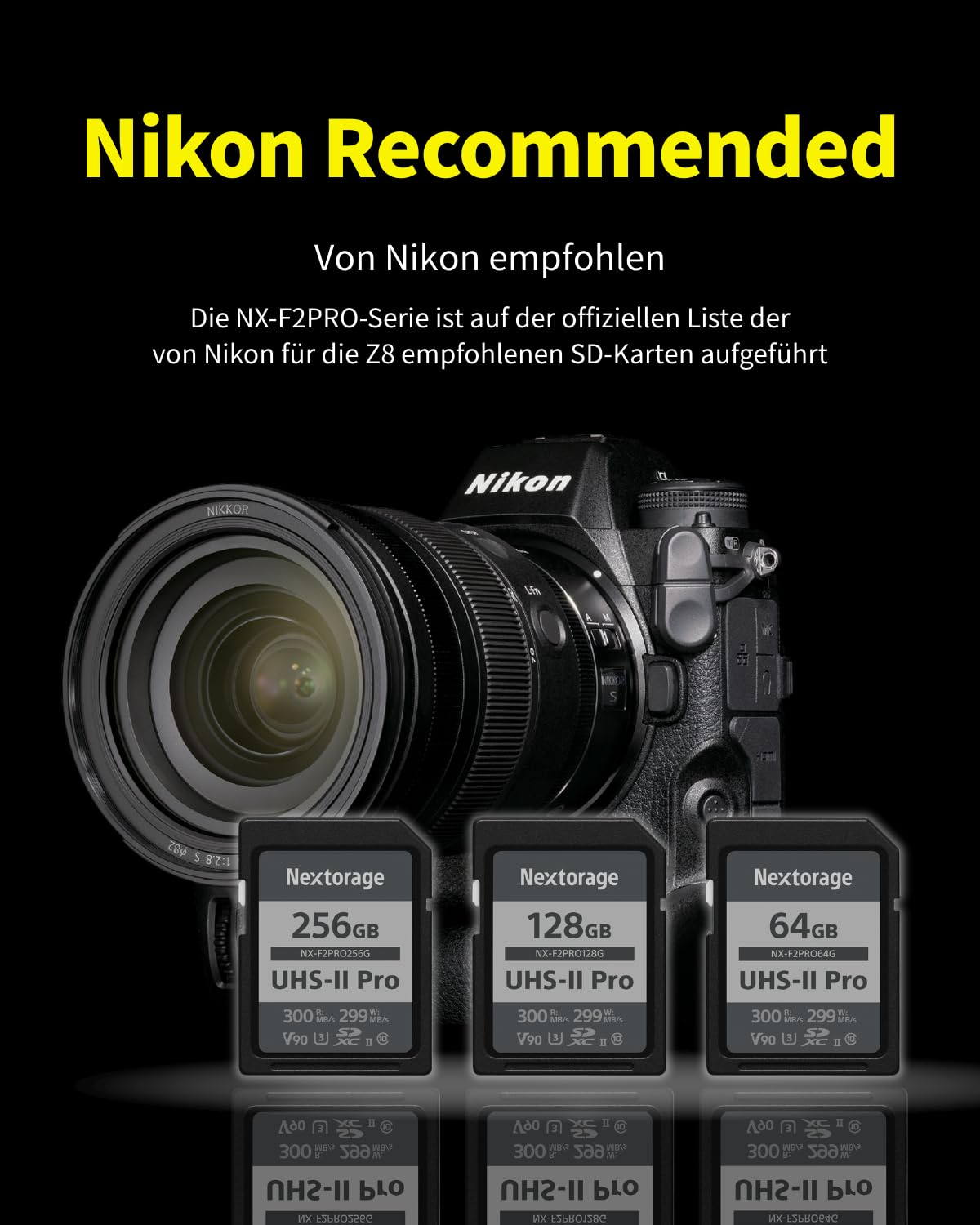 Appareil photo Nikon et trois cartes SD Nextorage UHS-II Pro sur fond noir.