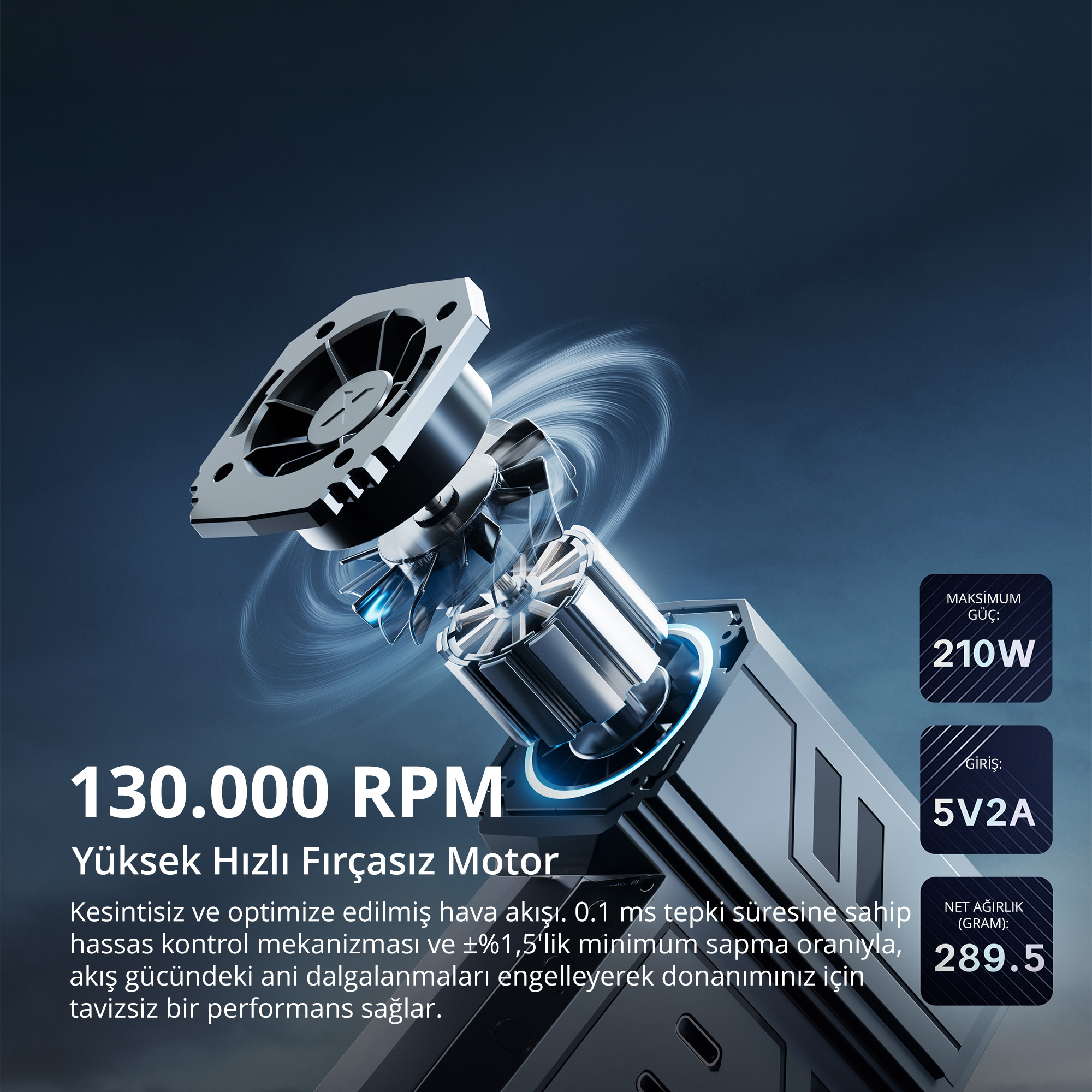 130.000 RPM fırçasız motorun patlatılmış görünümü, hava akışı grafikleri ve teknik özellikler.