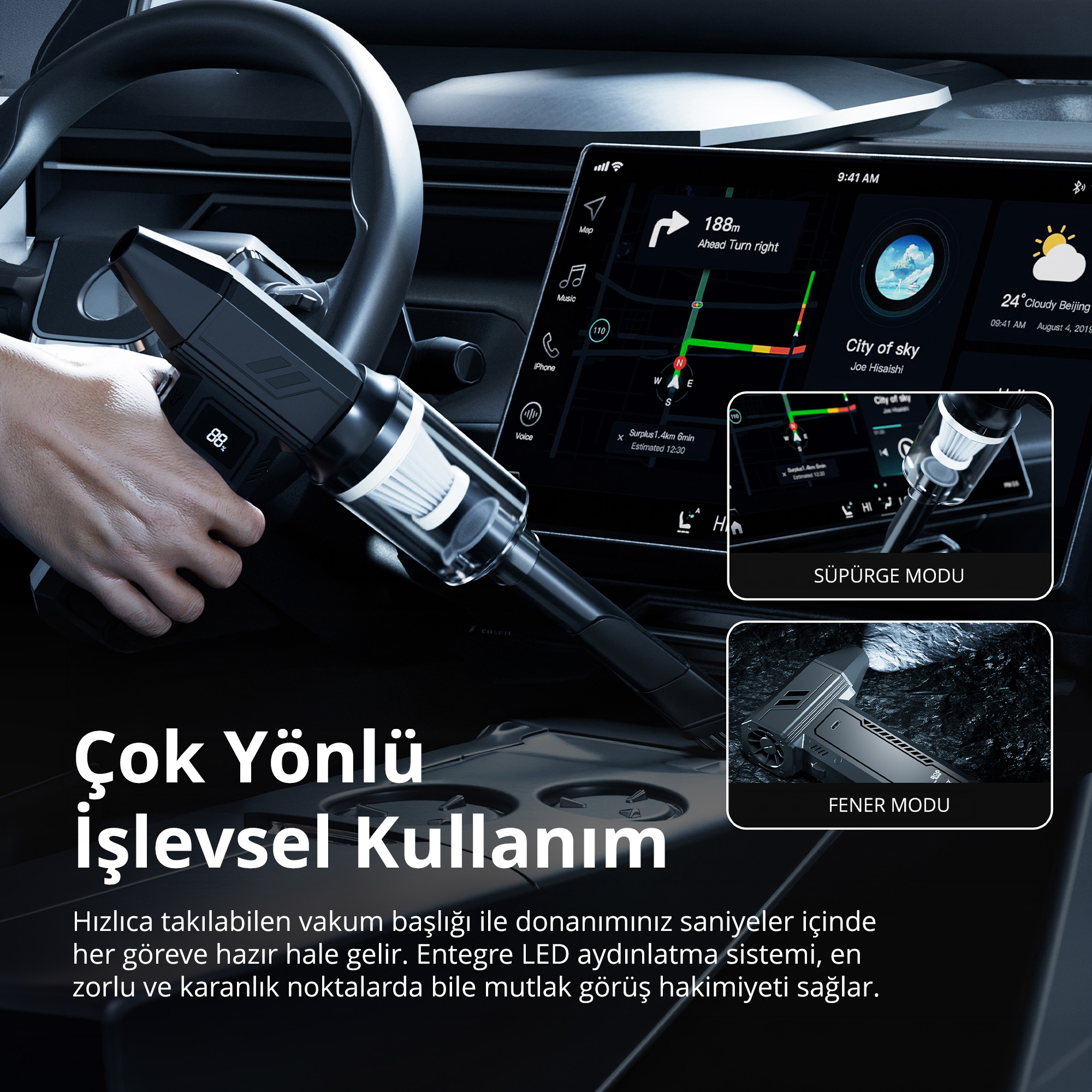 Elde taşınabilir araç süpürgesi tutulan bir araç içi, süpürge ve fener modlarını gösteren küçük görsellerle.