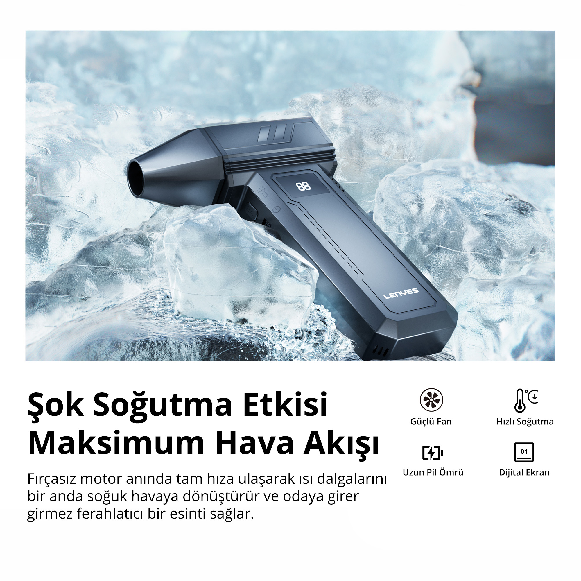 Buz kütleleri üzerinde duran gri taşınabilir mini fan, tanıtım yazısı ve simgelerle.