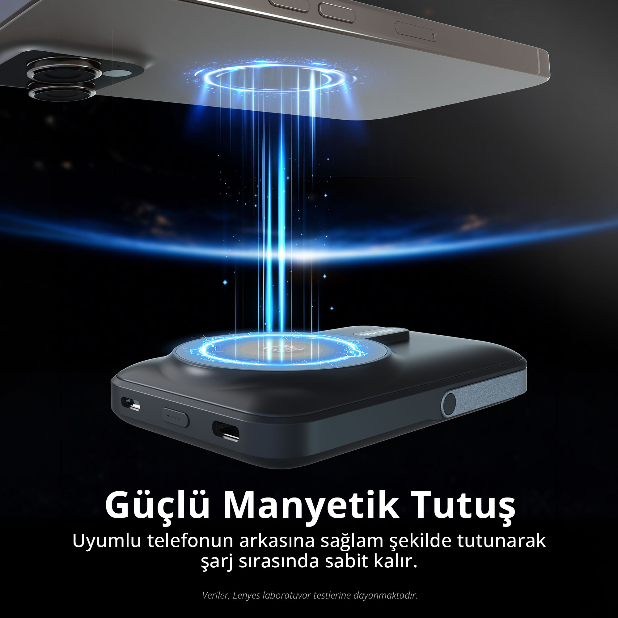 Mavi ışık huzmeleriyle akıllı telefona manyetik olarak bağlanan bir powerbank.